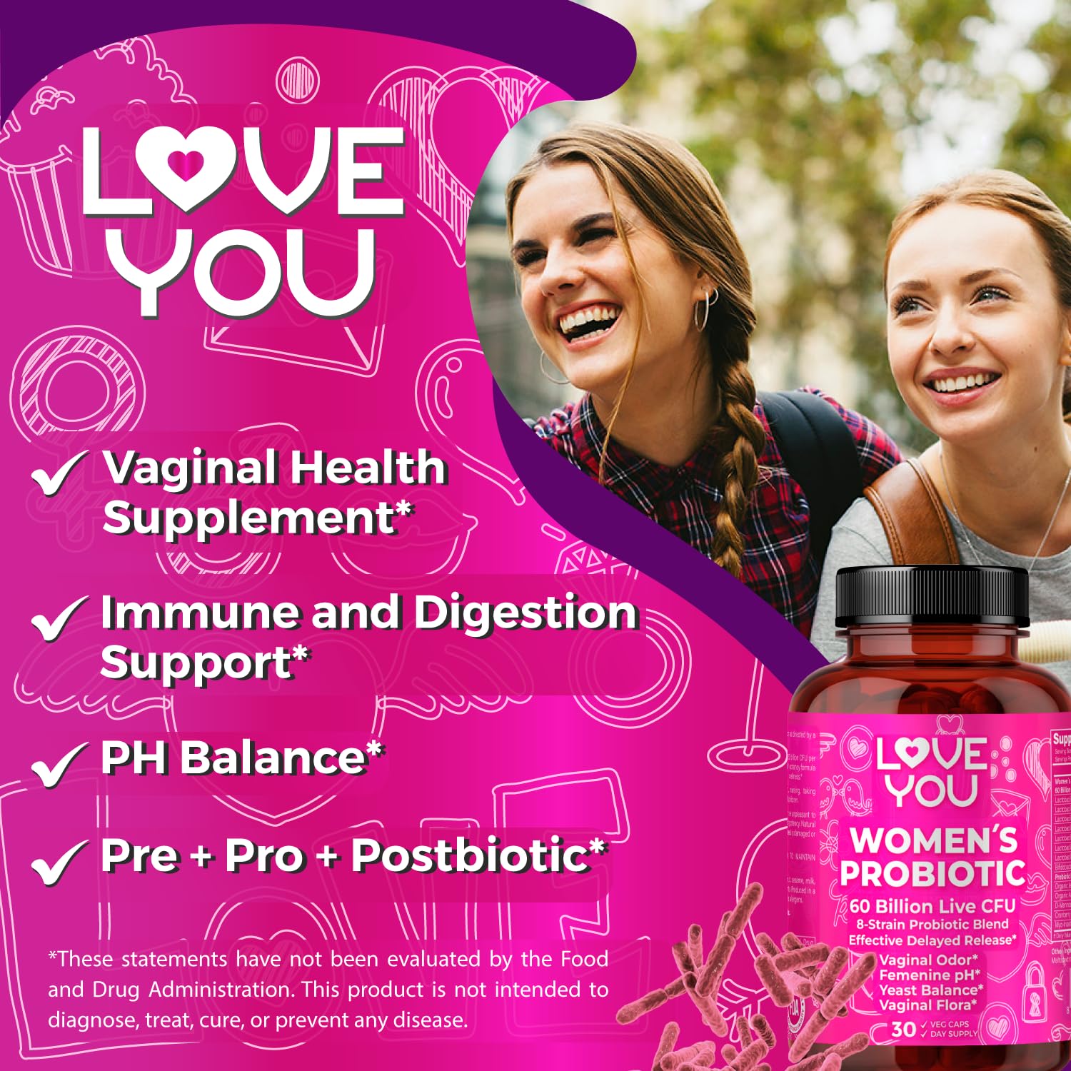 Love You Womens Probiotic, Ph Balance, Ut, Feminine, Vaginal Health Supplement, Digestive, Pre + Pro + Postbiotic, Delayed Release, 60 Billion Live CFU, 8-Strain Probiotic Blend, 30 Veg Caps Servings - OzHealthStandard