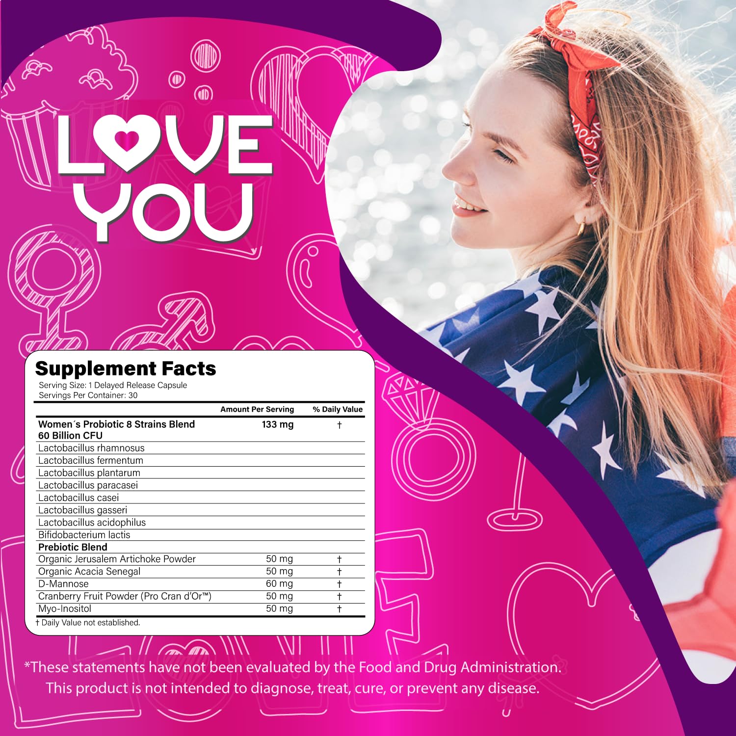 Love You Womens Probiotic, Ph Balance, Ut, Feminine, Vaginal Health Supplement, Digestive, Pre + Pro + Postbiotic, Delayed Release, 60 Billion Live CFU, 8-Strain Probiotic Blend, 30 Veg Caps Servings - OzHealthStandard