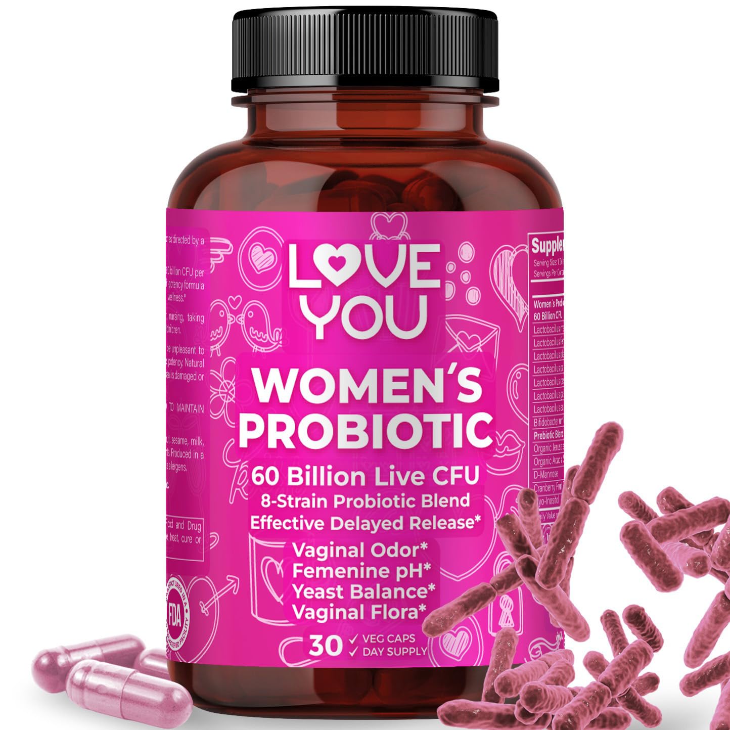 Love You Womens Probiotic, Ph Balance, Ut, Feminine, Vaginal Health Supplement, Digestive, Pre + Pro + Postbiotic, Delayed Release, 60 Billion Live CFU, 8-Strain Probiotic Blend, 30 Veg Caps Servings - OzHealthStandard