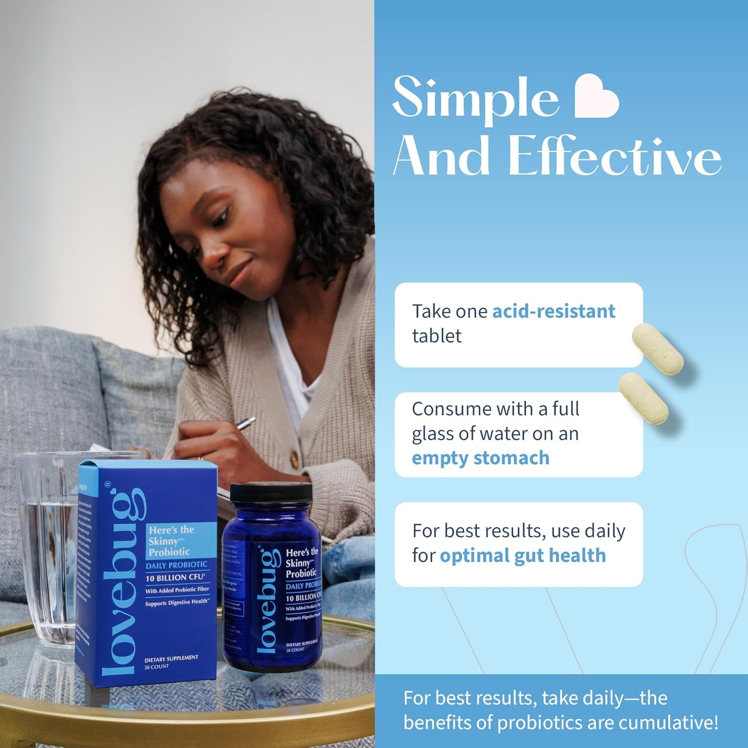LOVEBUG Skinny Prebiotics and Probiotics for Women Digestive Health & Immune Support - 10 Billion CFU Probiotic Strains Gut Health, Gas, Constipation & Bloating, 60ct - OzHealthStandard
