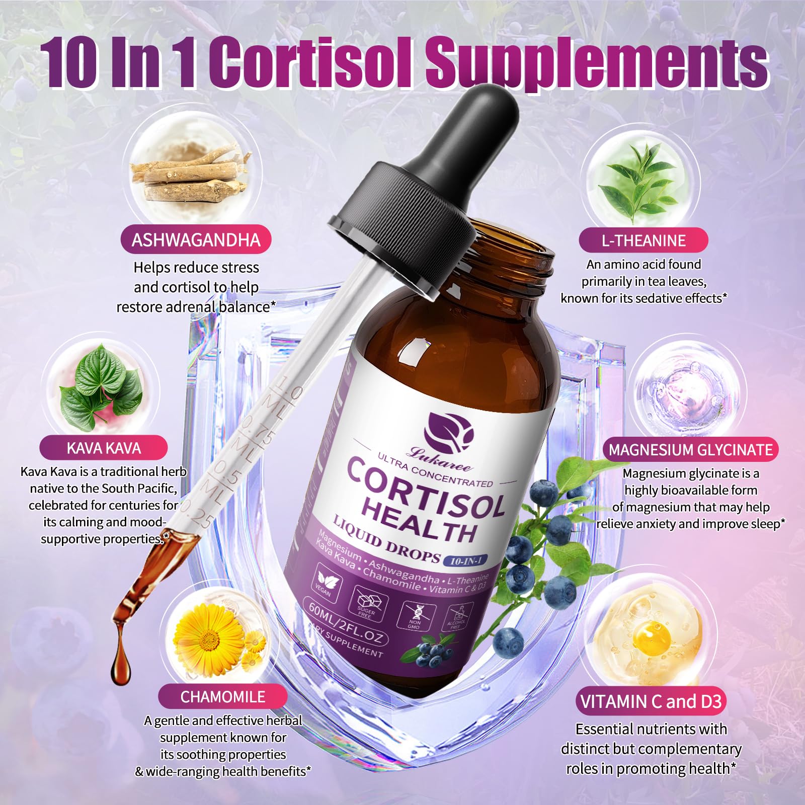 Lukaree Cortisol Supplements for Women, 10 in 1 Cortisol Reducer Detox with Ashwagandha, L-theanine, Kava Kava, Magnesium, Lower Cortisol, Mood, Focus, Sleep Support - 2 FL.OZ, Blueberry Flavor - OzHealthStandard