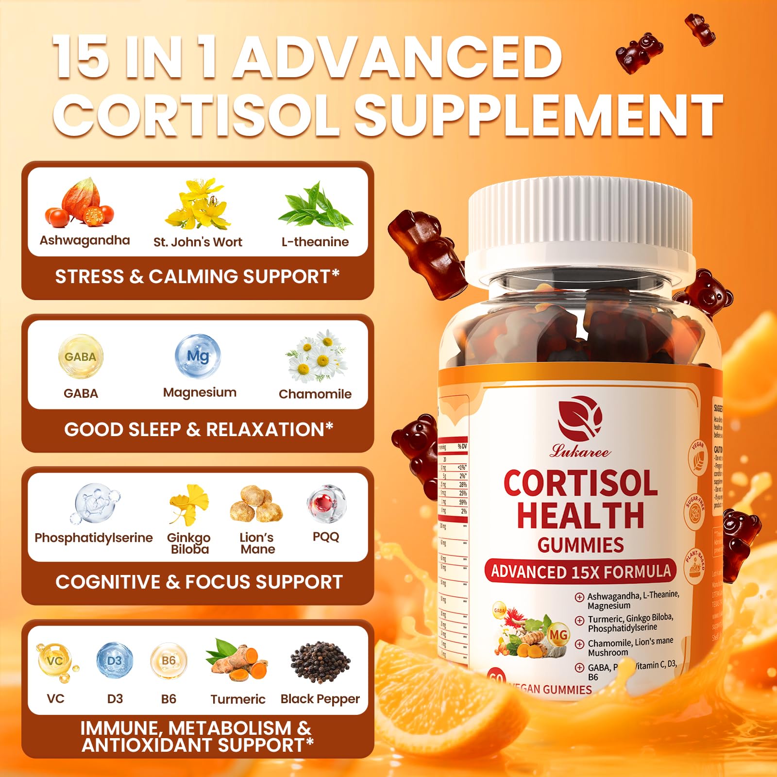 Lukaree Cortisol Supplements for Women & Men, 15 in 1 Cortisol Reducer Manager, Cortisol Calm Gummies with Ashwagandha, Magnesium, L-theanine, GABA - for Mood, Focus, Sleep - Vegan Sugar Free, 60 Ct. - OzHealthStandard