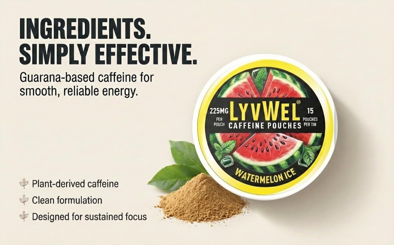 LyvWel 225mg Caffeine Energy Pouches | Nootropic Focus & Neuro Support | Tobacco-Free, Nicotine-Free, Quick Energy Solution | 3-Pack: 45 Pouches (3 Pack, Watermelon Ice, Pink Lemonade, Wintergreen) - OzHealthStandard