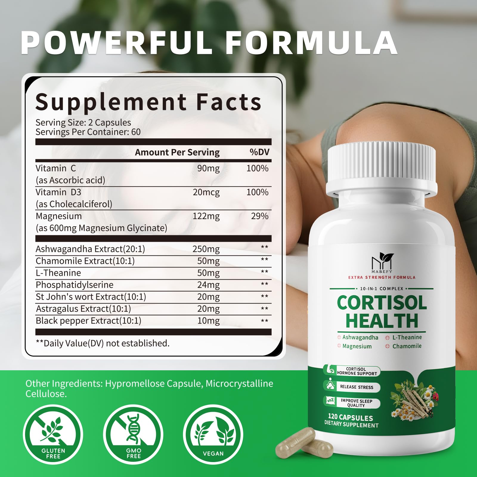MABEFY Cortisol Supplements for Women/Men - 10 in 1 Cortisol Manager Reducer Lower Detox Balance with Magnesium, Ashwagandha, L-Theanine for Stress, Sleep, Calm, Mood Support - 60 Capsules for 30 Days - OzHealthStandard