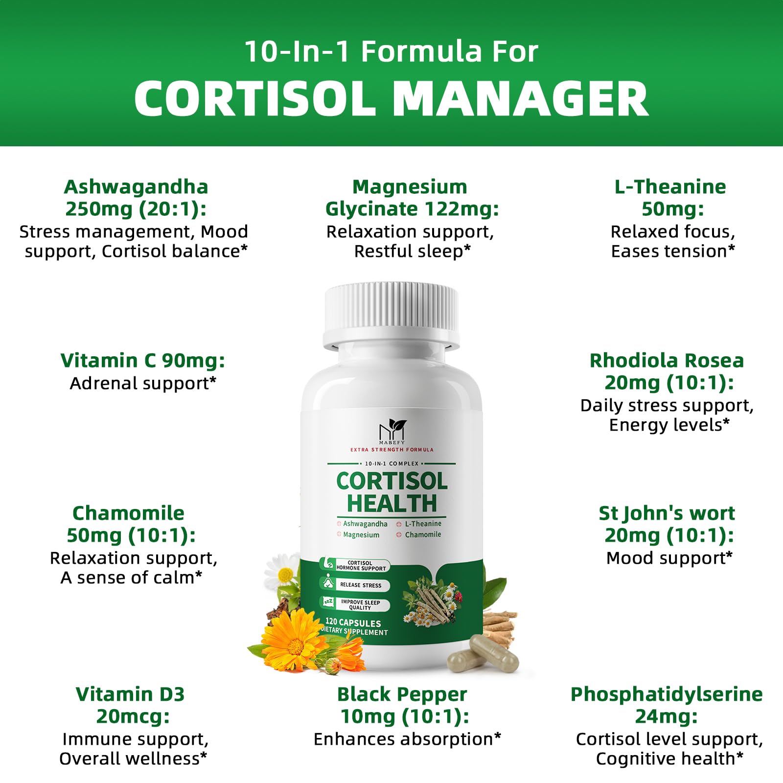 MABEFY Cortisol Supplements for Women/Men - 10 in 1 Cortisol Manager Reducer Lower Detox Balance with Magnesium, Ashwagandha, L-Theanine for Stress, Sleep, Calm, Mood Support - 60 Capsules for 30 Days - OzHealthStandard
