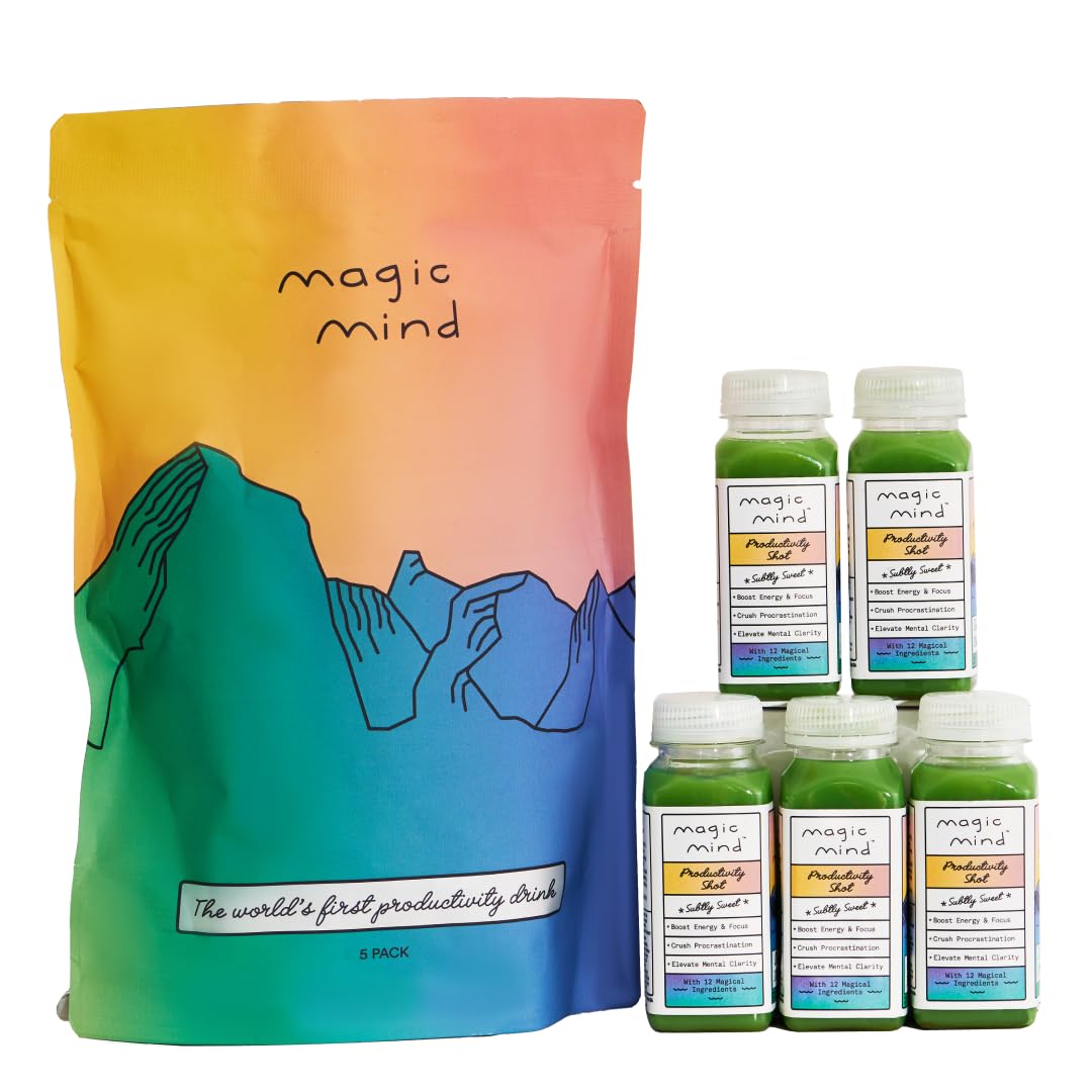 Magic Mind Focus Energy Drink Shots - No Jitters, Stress Relieving, Ashwagandha, Functional Mushrooms, Matcha Green Tea, Vitamin B12, Vitamin C - 2 FL Oz (5 Pack) - OzHealthStandard