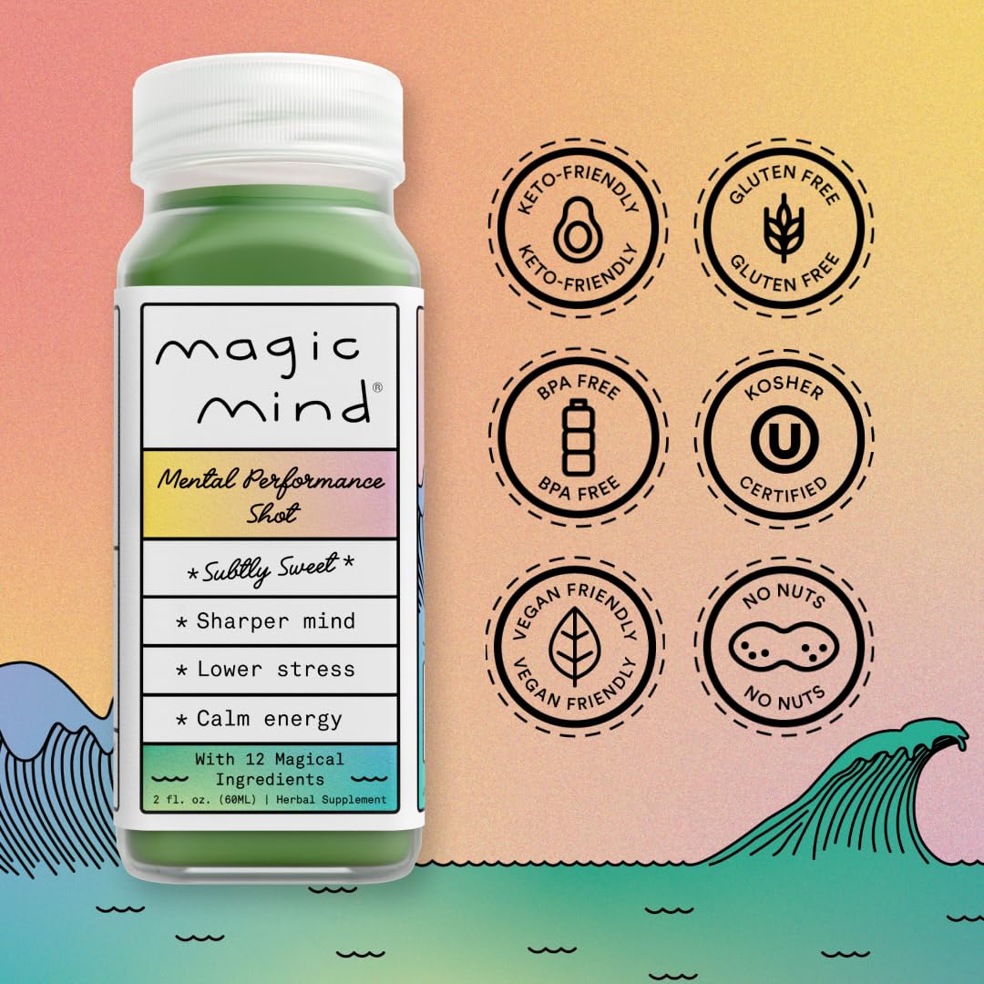 Magic Mind Focus Energy Drink Shots - No Jitters, Stress Relieving, Ashwagandha, Functional Mushrooms, Matcha Green Tea, Vitamin B12, Vitamin C - 2 FL Oz (5 Pack) - OzHealthStandard