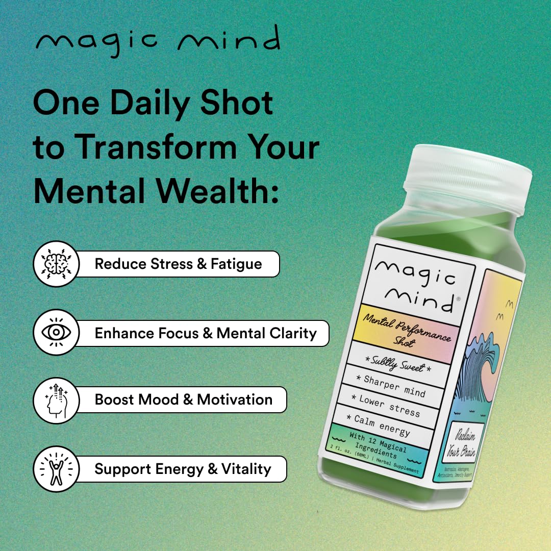 Magic Mind Focus Energy Drink Shots - No Jitters, Stress Relieving, Ashwagandha, Functional Mushrooms, Matcha Green Tea, Vitamin B12, Vitamin C - 2 FL Oz (5 Pack) - OzHealthStandard