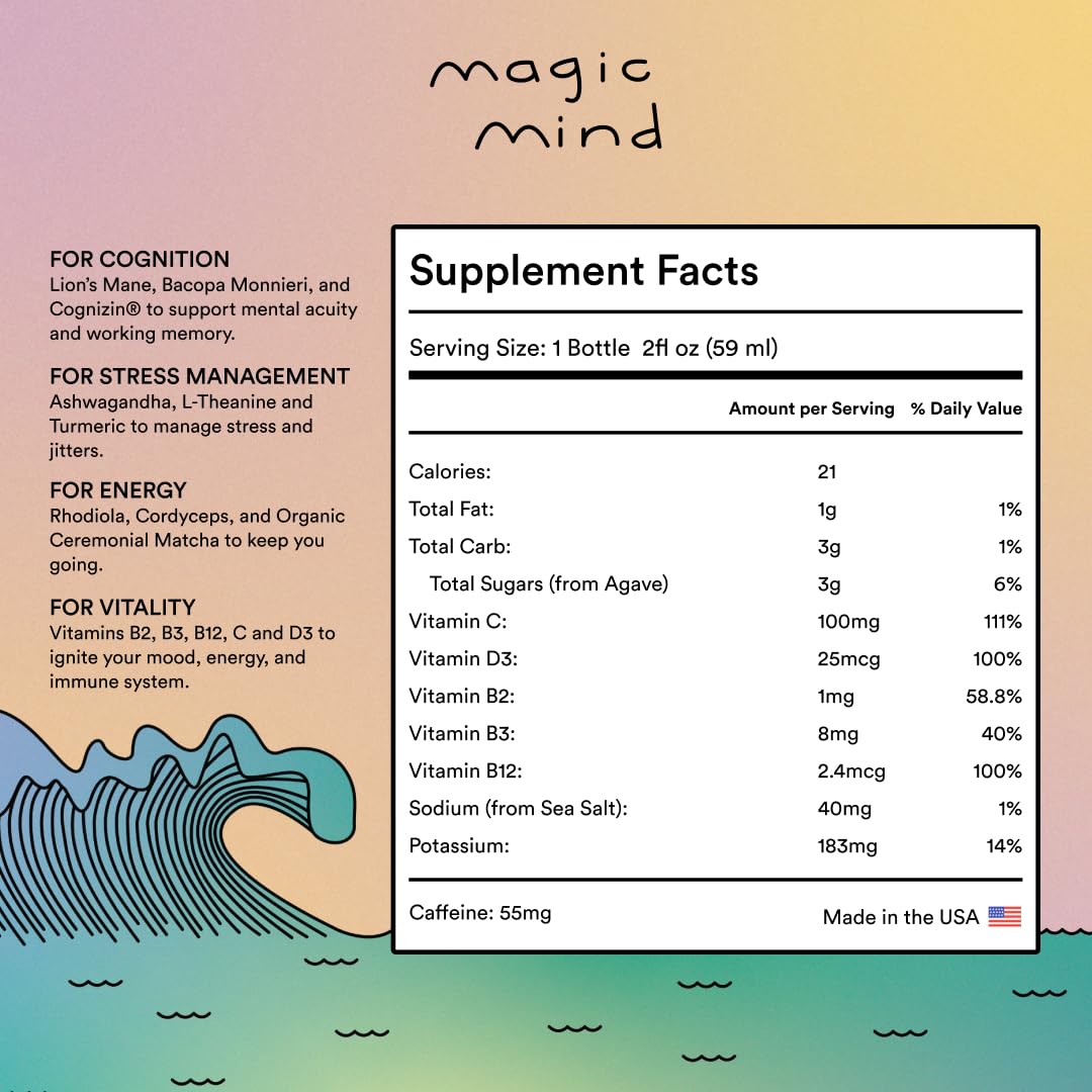 Magic Mind Focus Energy Drink Shots - No Jitters, Stress Relieving, Ashwagandha, Functional Mushrooms, Matcha Green Tea, Vitamin B12, Vitamin C - 2 FL Oz (5 Pack) - OzHealthStandard