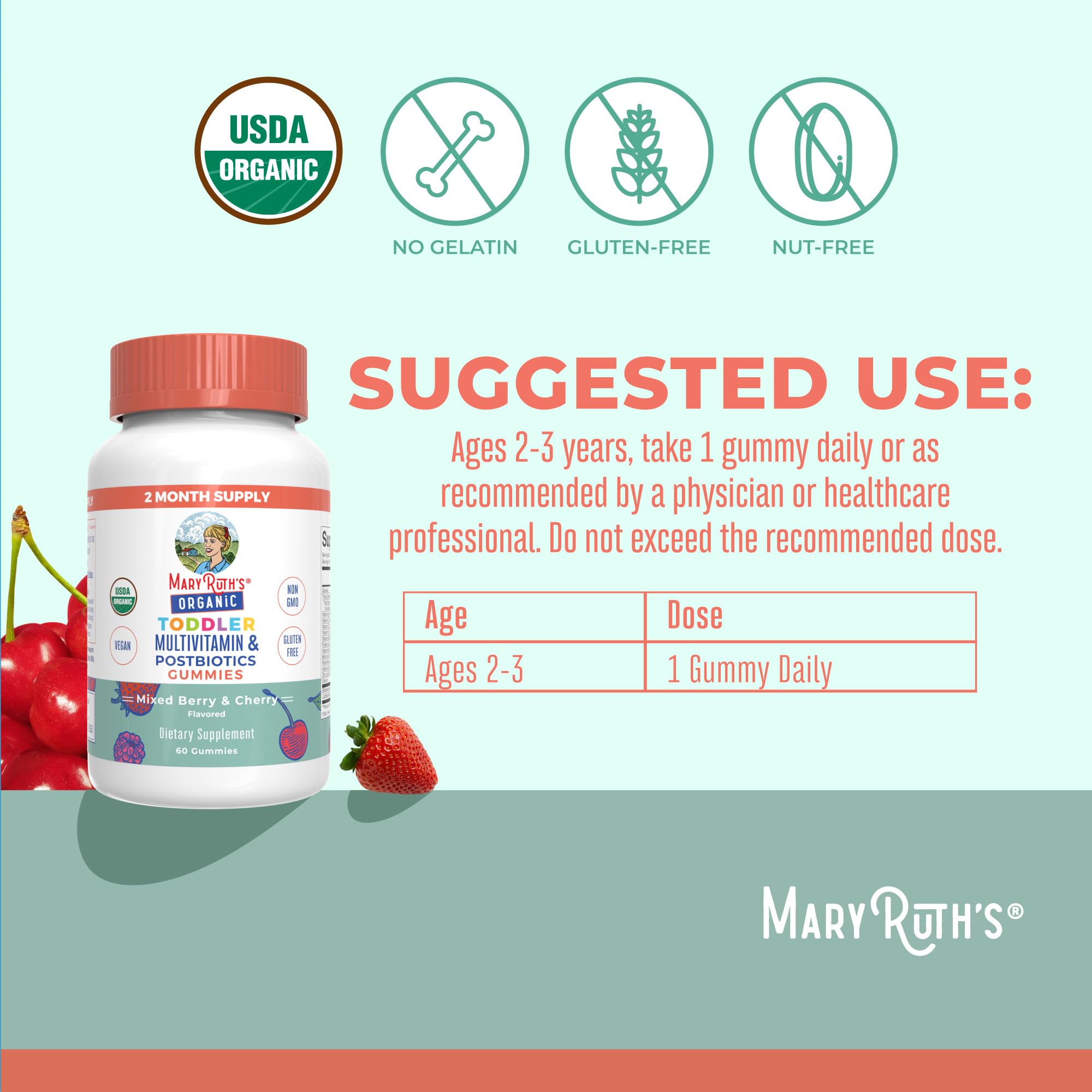 MaryRuth Organics Toddler Multivitamin Gummies + Postbiotics | USDA Organic | Vitamins for Kids Ages 2+ | Immune Support | Vitamin C | Vitamin D3 | Vitamin A | Zinc | Vegan | Non-GMO | 60 Servings - OzHealthStandard