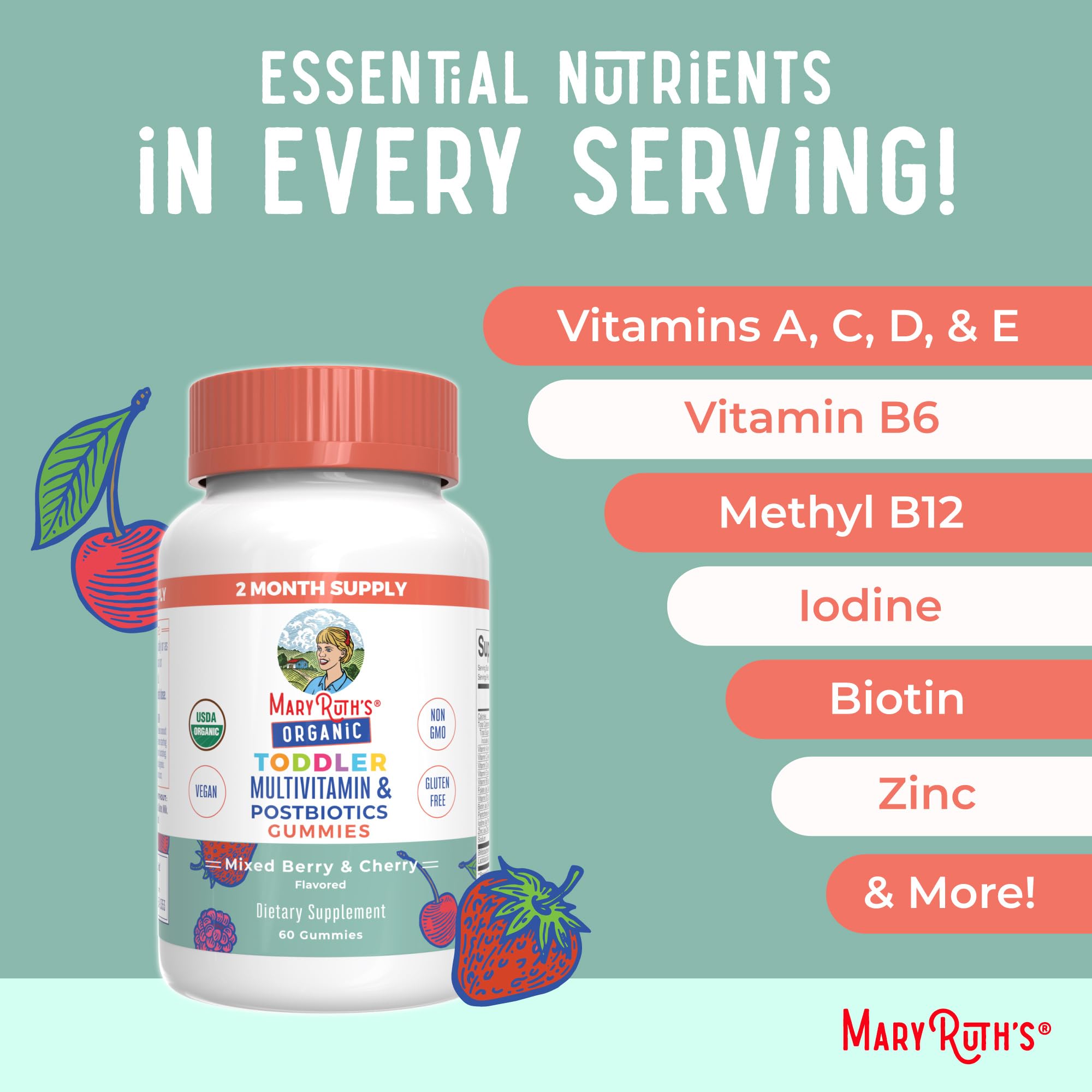 MaryRuth Organics Toddler Multivitamin Gummies + Postbiotics | USDA Organic | Vitamins for Kids Ages 2+ | Immune Support | Vitamin C | Vitamin D3 | Vitamin A | Zinc | Vegan | Non-GMO | 60 Servings - OzHealthStandard