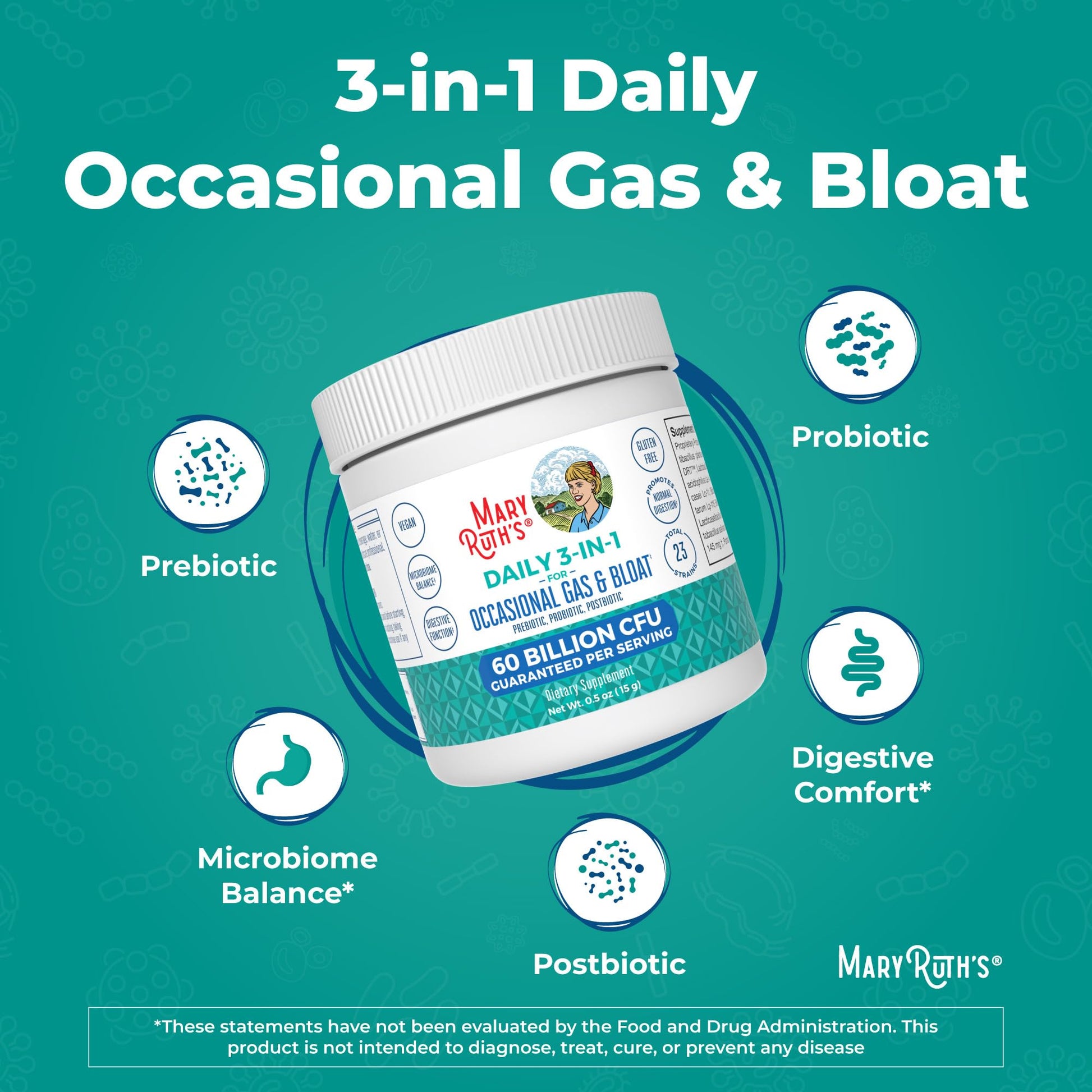 MARYRUTH'S 3-in-1 Gas & Bloat Probiotic Powder | Probiotics for Normal Digestive Function | Probiotics for Women & Men | Prebiotics & Postbiotics | 60 Billion CFU | 23 Unique Strains | 0.5 oz - OzHealthStandard