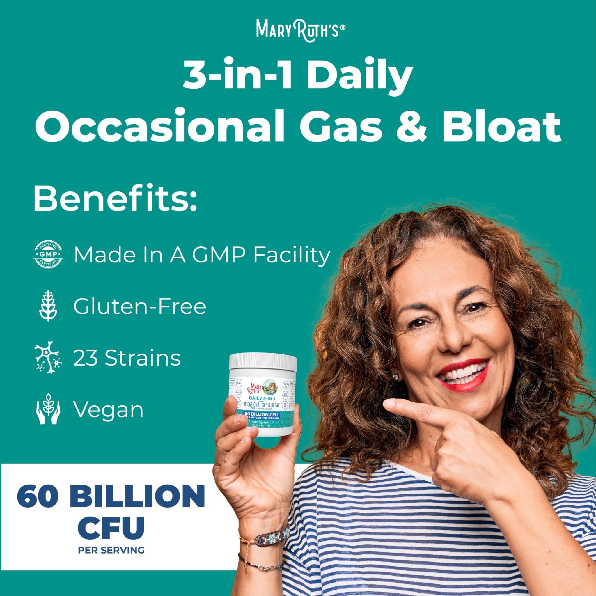MARYRUTH'S 3-in-1 Gas & Bloat Probiotic Powder | Probiotics for Normal Digestive Function | Probiotics for Women & Men | Prebiotics & Postbiotics | 60 Billion CFU | 23 Unique Strains | 0.5 oz - OzHealthStandard