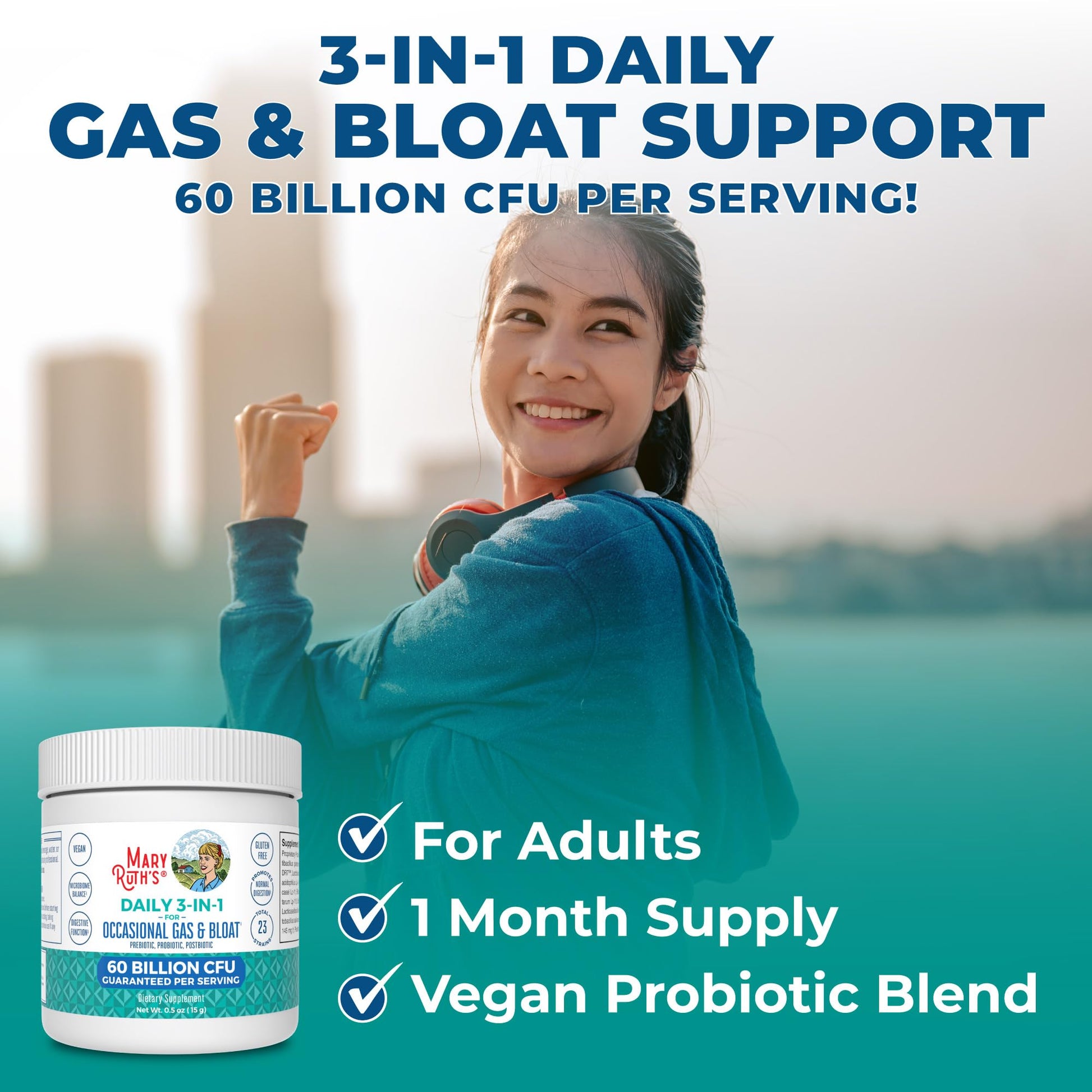 MARYRUTH'S 3-in-1 Gas & Bloat Probiotic Powder | Probiotics for Normal Digestive Function | Probiotics for Women & Men | Prebiotics & Postbiotics | 60 Billion CFU | 23 Unique Strains | 0.5 oz - OzHealthStandard