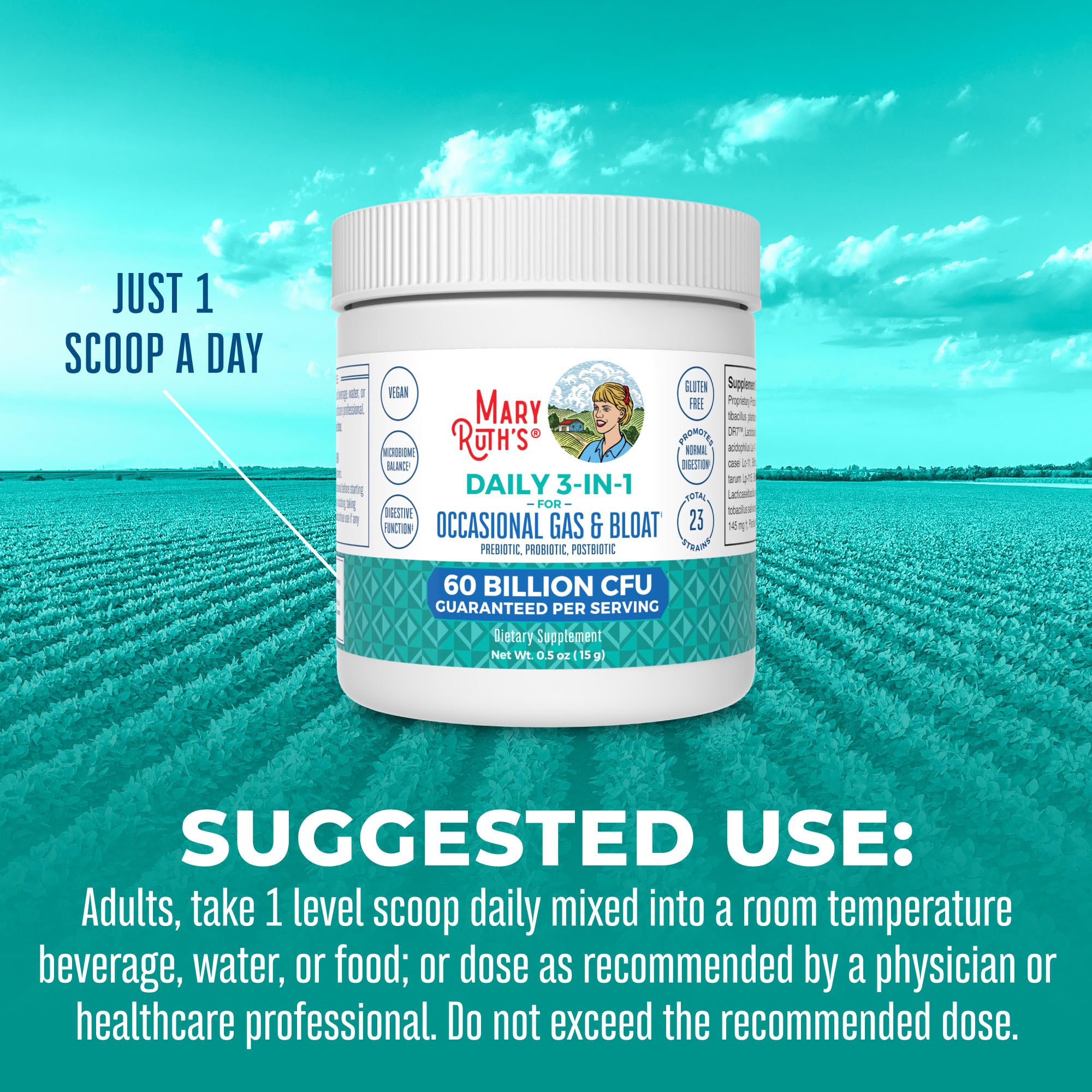 MARYRUTH'S 3-in-1 Gas & Bloat Probiotic Powder | Probiotics for Normal Digestive Function | Probiotics for Women & Men | Prebiotics & Postbiotics | 60 Billion CFU | 23 Unique Strains | 0.5 oz - OzHealthStandard