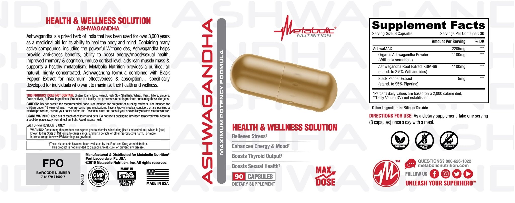 Metabolic Nutrition Ashwagandha 2200mg Made with Organic Ashwagandha Powder and Black Pepper Extract, 90 Vegan Capusles - OzHealthStandard