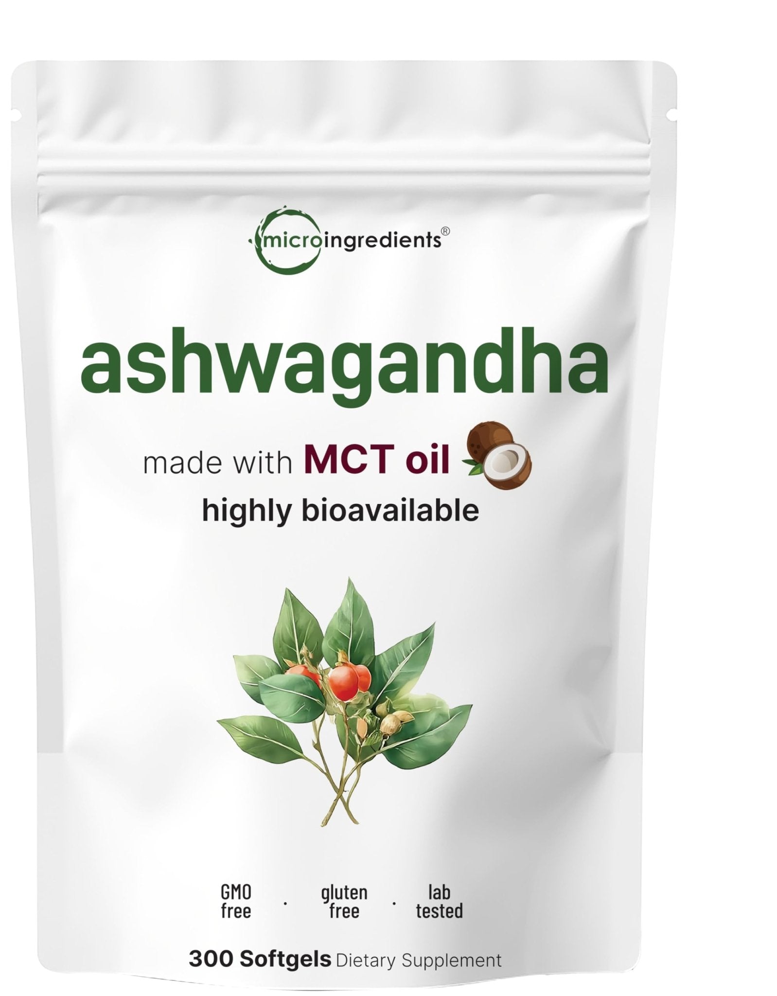 Micro Ingredients Ashwagandha Supplements | 300 Coconut MCT Oil Softgels with Black Pepper for Better Absorption | Potent Root Extract | Non-GMO - OzHealthStandard