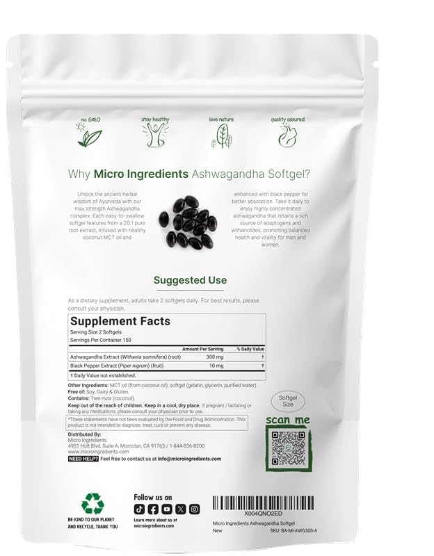 Micro Ingredients Ashwagandha Supplements | 300 Coconut MCT Oil Softgels with Black Pepper for Better Absorption | Potent Root Extract | Non-GMO - OzHealthStandard