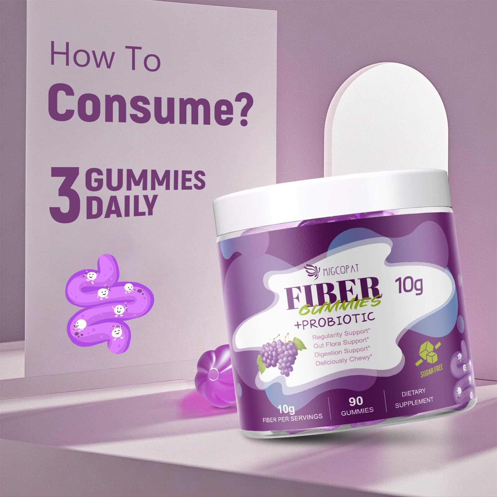 Migcopat 10G Fiber Gummies for Adults, No Sugar Added Grape Flavor, Fiber Supplement with 30 Billion CFU Probiotics Blend, ACV, Vitamin C, - OzHealthStandard