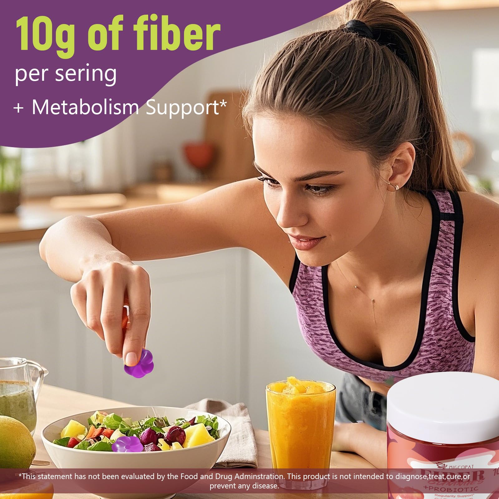 Migcopat 10G Fiber Gummies for Adults, No Sugar Added Grape Flavor, Fiber Supplement with 30 Billion CFU Probiotics Blend, ACV, Vitamin C, - OzHealthStandard
