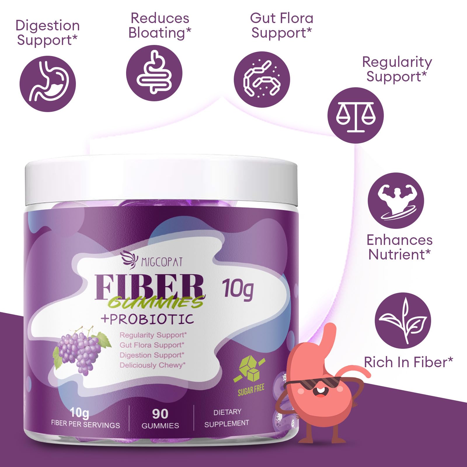 Migcopat 10G Fiber Gummies for Adults, No Sugar Added Grape Flavor, Fiber Supplement with 30 Billion CFU Probiotics Blend, ACV, Vitamin C, - OzHealthStandard