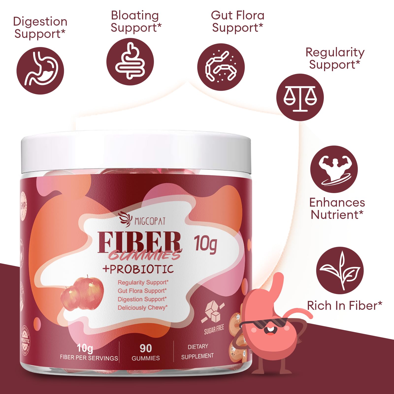 Migcopat Fiber Gummies with Probiotics,10G Fiber per Serving No Sugar Added Apple Flavor, with 10 Billion CFU Probiotics Blend, Apple Cider Vinegar, - OzHealthStandard