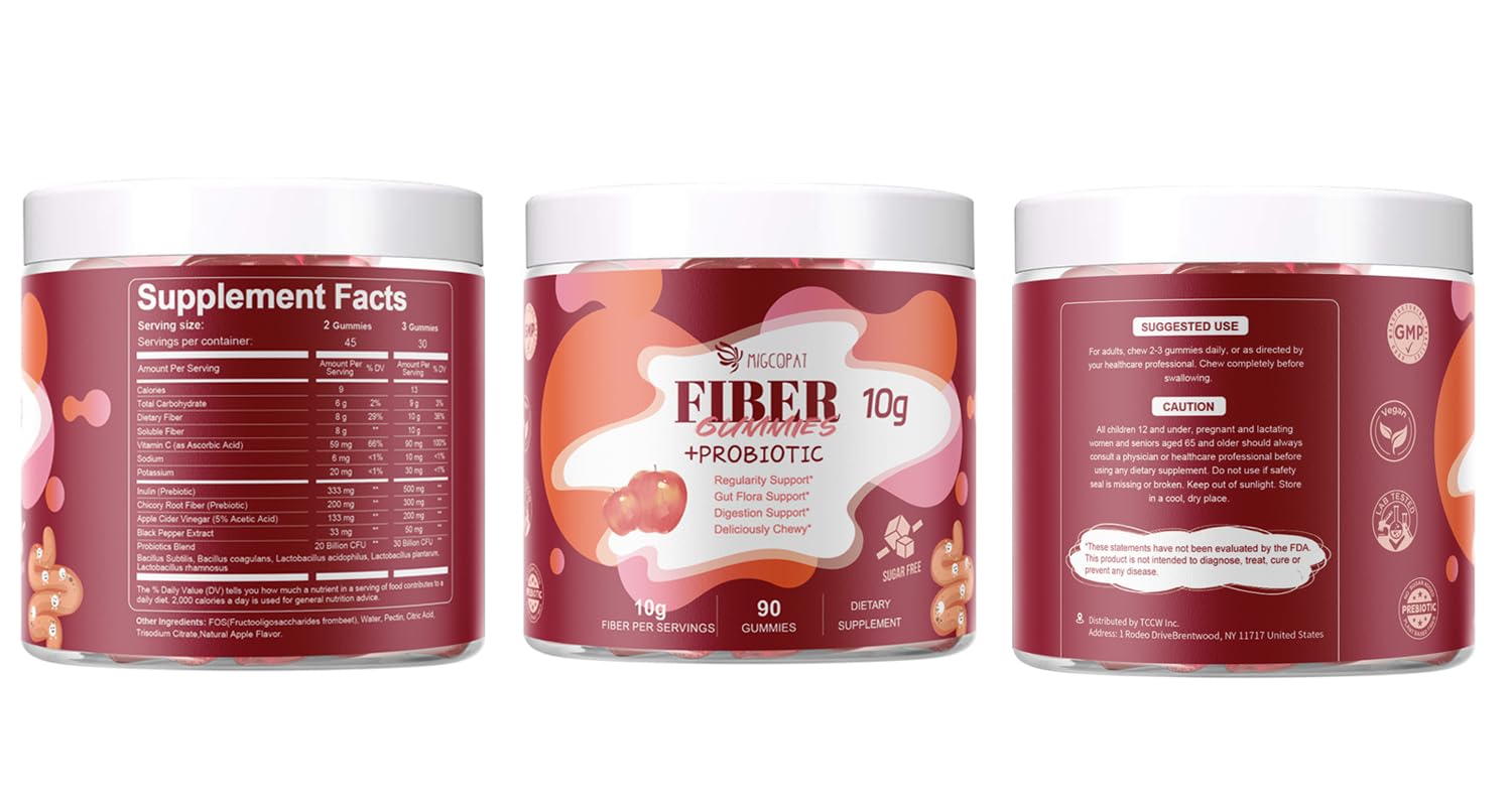 Migcopat Fiber Gummies with Probiotics,10G Fiber per Serving No Sugar Added Apple Flavor, with 10 Billion CFU Probiotics Blend, Apple Cider Vinegar, - OzHealthStandard