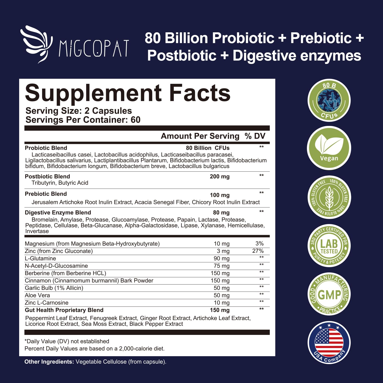 Migcopat Probiotic Prebiotic, Postbiotic & Digestive Enzymes for Digestive Health, 80 Billion CFU Probiotics Complete Gut Support with Berberine, Cinnamon, L-Glutamine - OzHealthStandard