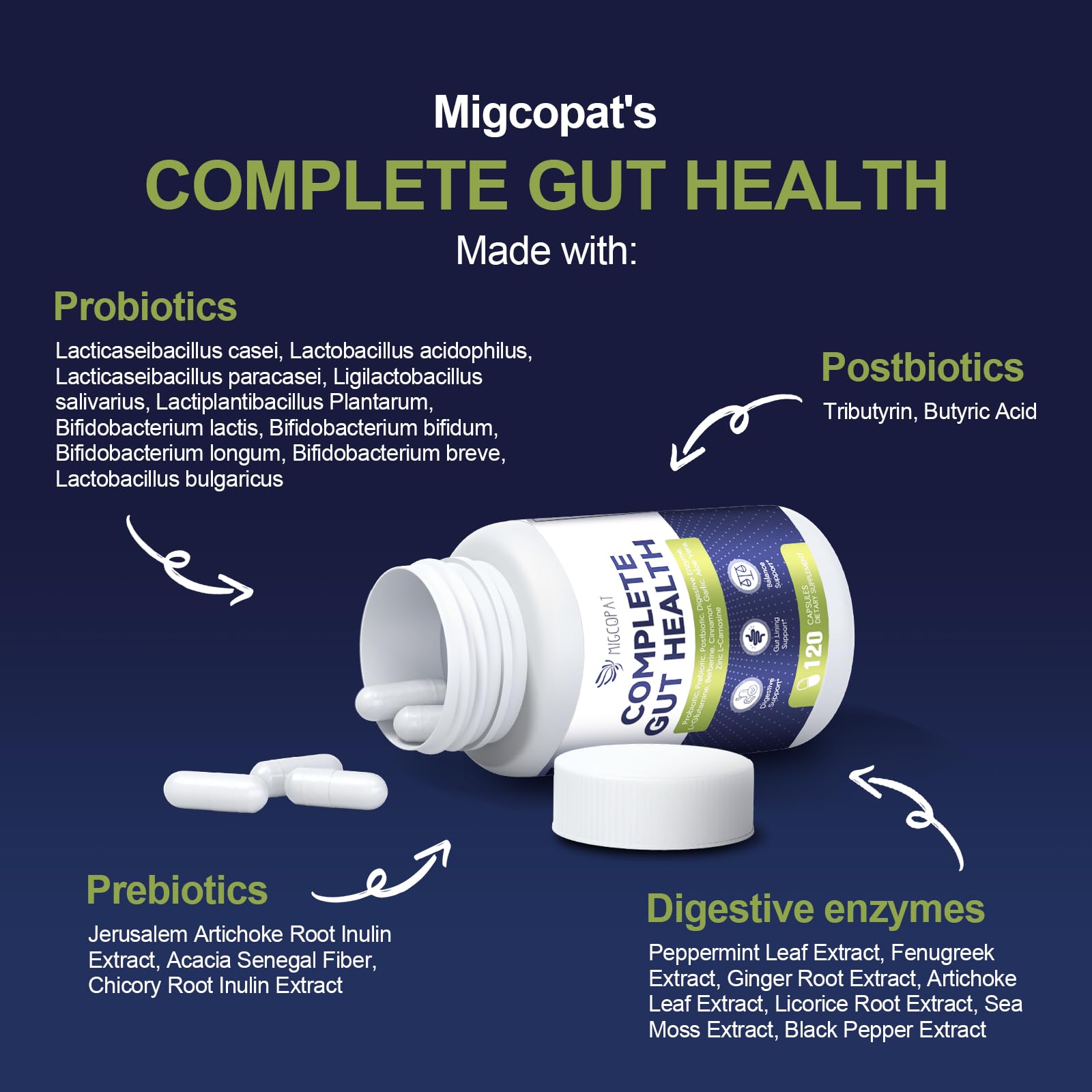 Migcopat Probiotic Prebiotic, Postbiotic & Digestive Enzymes for Digestive Health, 80 Billion CFU Probiotics Complete Gut Support with Berberine, Cinnamon, L-Glutamine - OzHealthStandard