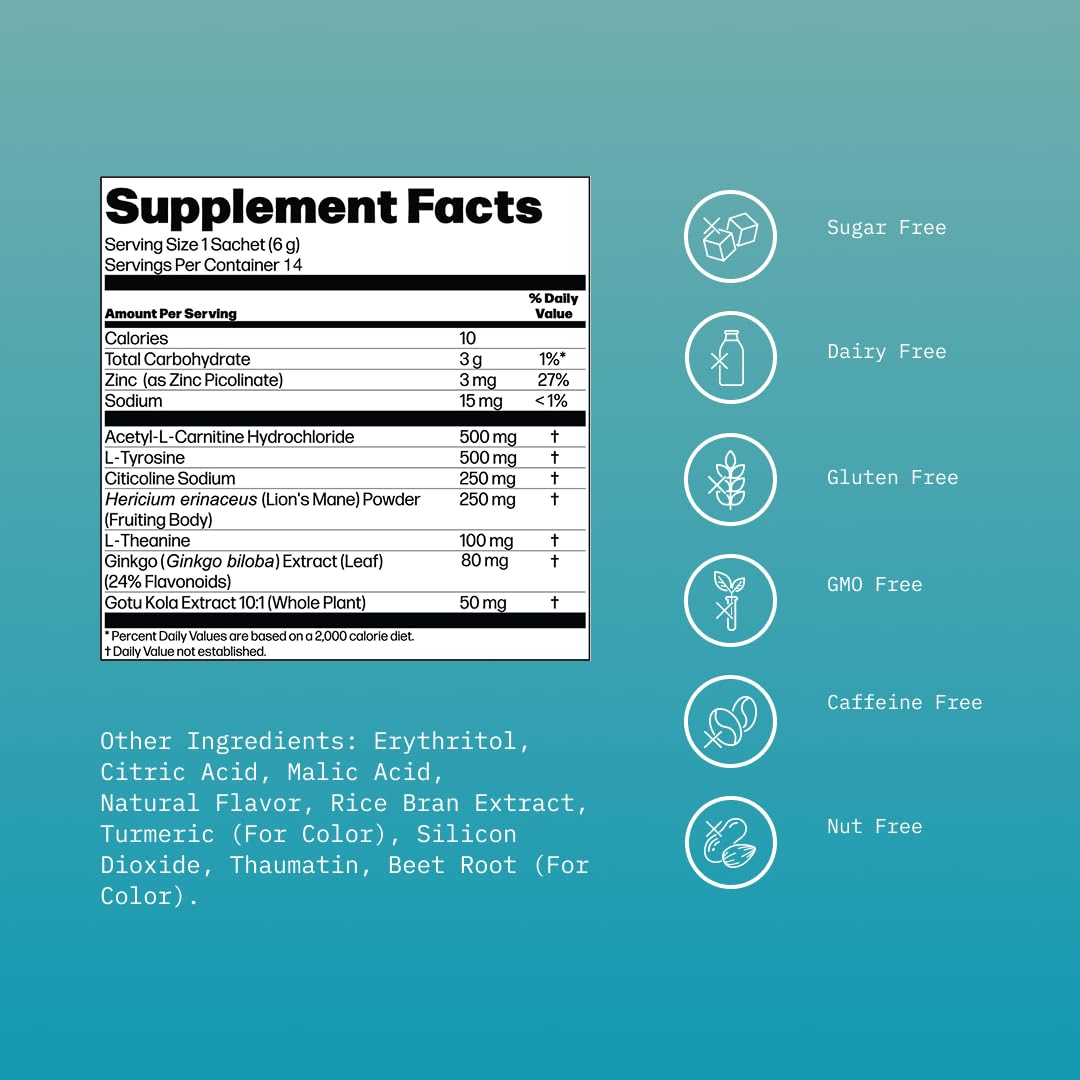 Mikra Clarity Nootropic Focus Drink Mix - Daily Cognitive & Calm Support Formula with Citicoline, Lion’s Mane & L-Theanine - Calm Drink Mix & Focus Aid for Energy and Clarity - 14 Single-Serve Sachets - OzHealthStandard