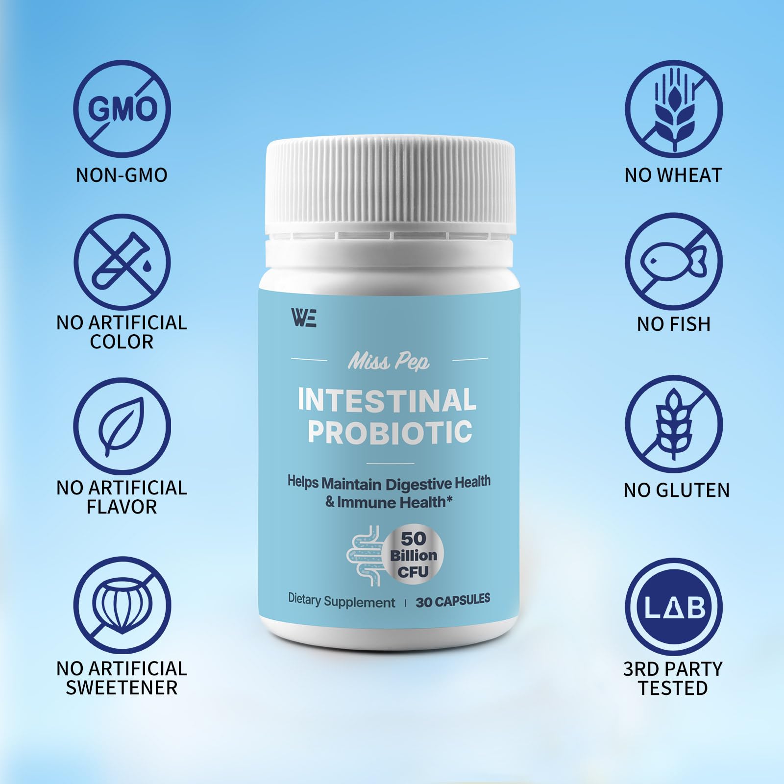 MISS PEP Probiotics 50 Billion CFU - 8 Unique Strains + 3 Prebiotics - Immune, Digestive & Gut Health - Supports Occasional Constipation, Diarrhea, Gas & Bloating - Probiotics for Women & Men - 30ct - OzHealthStandard
