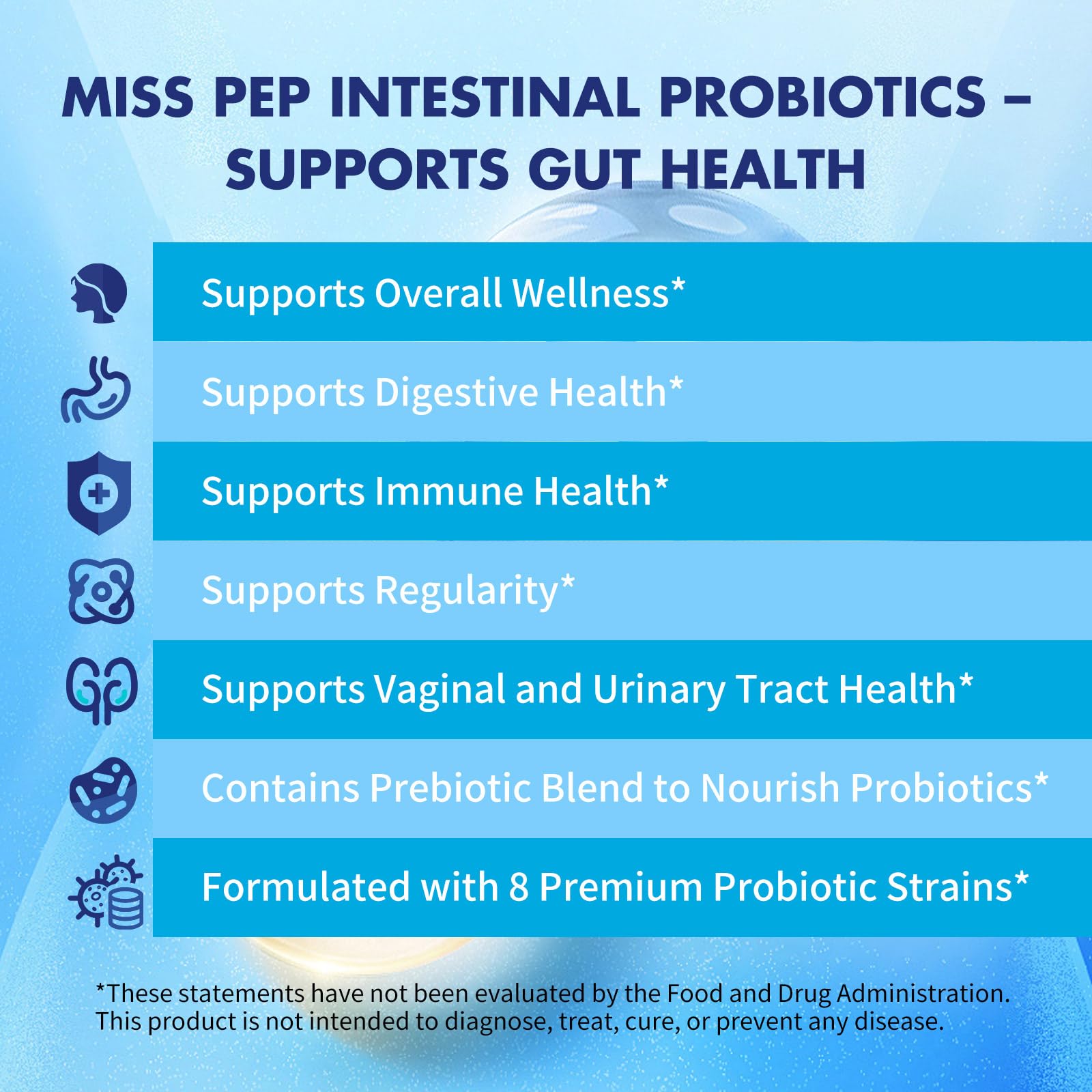 MISS PEP Probiotics 50 Billion CFU - 8 Unique Strains + 3 Prebiotics - Immune, Digestive & Gut Health - Supports Occasional Constipation, Diarrhea, Gas & Bloating - Probiotics for Women & Men - 30ct - OzHealthStandard