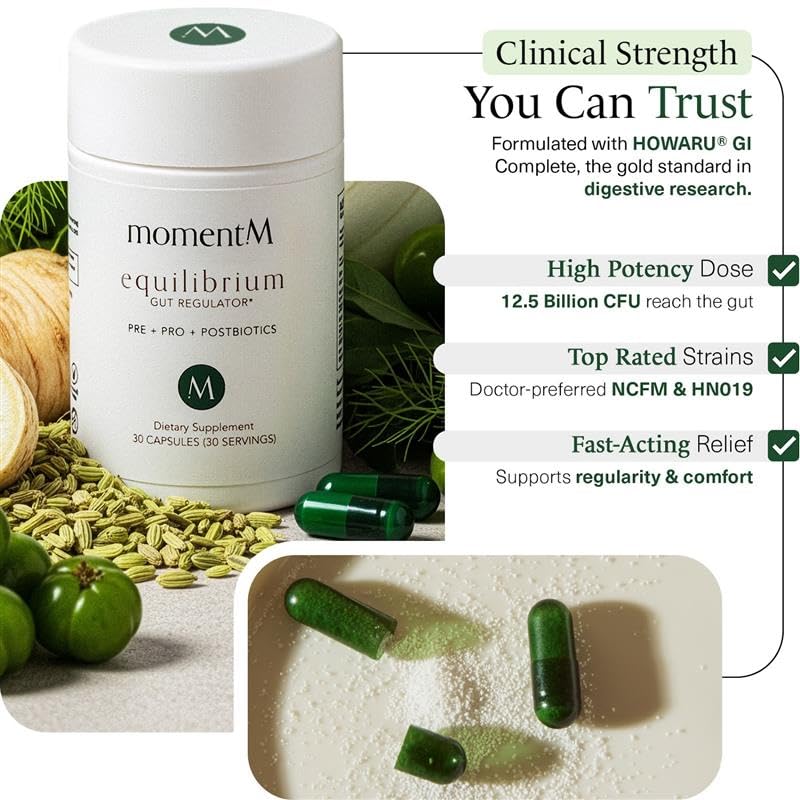 momentM Equilibrium 3-in-1 Probiotics for Women & Men Digestive Health, Prebiotics and Probiotics for Women with HOWARU Strains, Postbiotics & Fennel for Bloat & Gut Health,12.5B CFU, 30 Capsules - OzHealthStandard