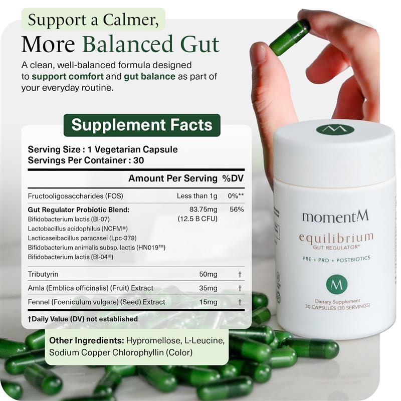 momentM Equilibrium 3-in-1 Probiotics for Women & Men Digestive Health, Prebiotics and Probiotics for Women with HOWARU Strains, Postbiotics & Fennel for Bloat & Gut Health,12.5B CFU, 30 Capsules - OzHealthStandard