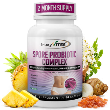 MoxyVites Spore Probiotic Complex - All In One Prebiotics and Probiotics for Digestive Health, Postbiotic, Digestive Enzymes Daily Supplement - Spore Based Probiotic for Women & Men - OzHealthStandard