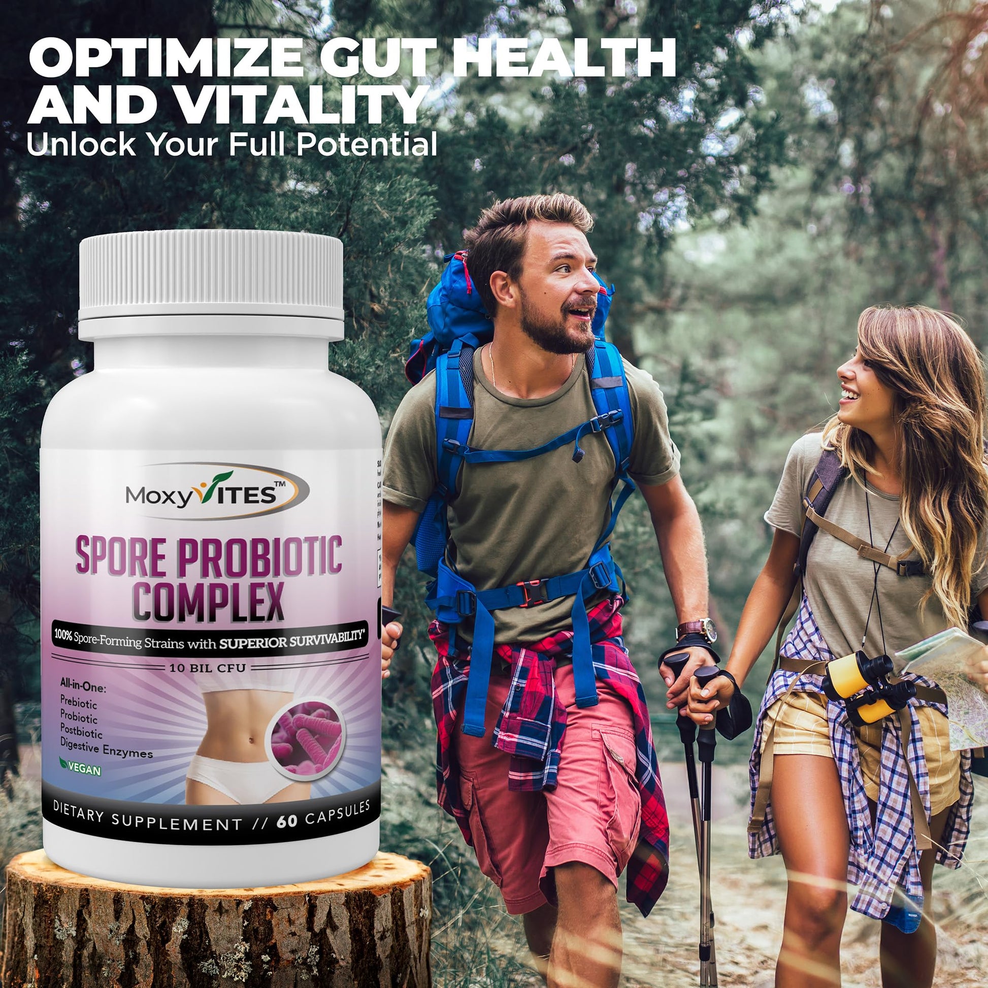 MoxyVites Spore Probiotic Complex - All In One Prebiotics and Probiotics for Digestive Health, Postbiotic, Digestive Enzymes Daily Supplement - Spore Based Probiotic for Women & Men - OzHealthStandard