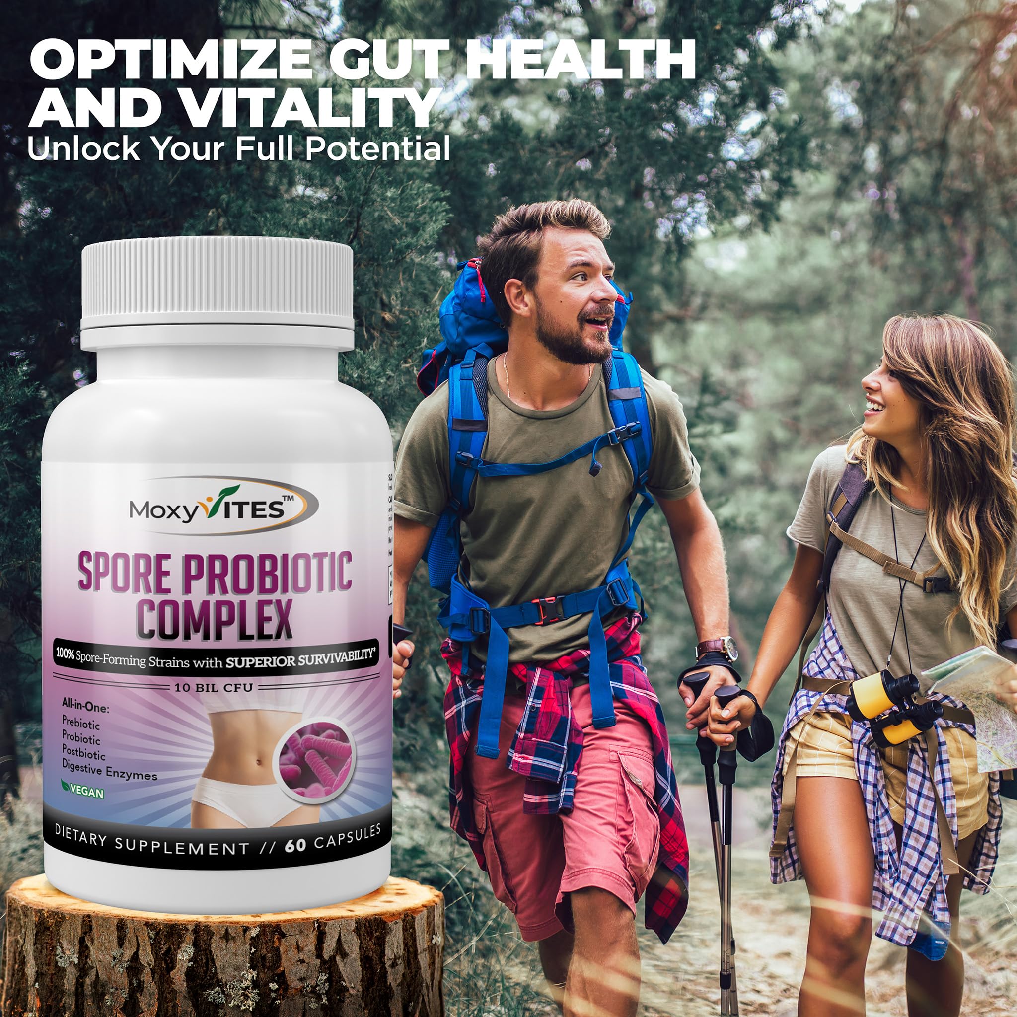 MoxyVites Spore Probiotic Complex - All In One Prebiotics and Probiotics for Digestive Health, Postbiotic, Digestive Enzymes Daily Supplement - Spore Based Probiotic for Women & Men - OzHealthStandard