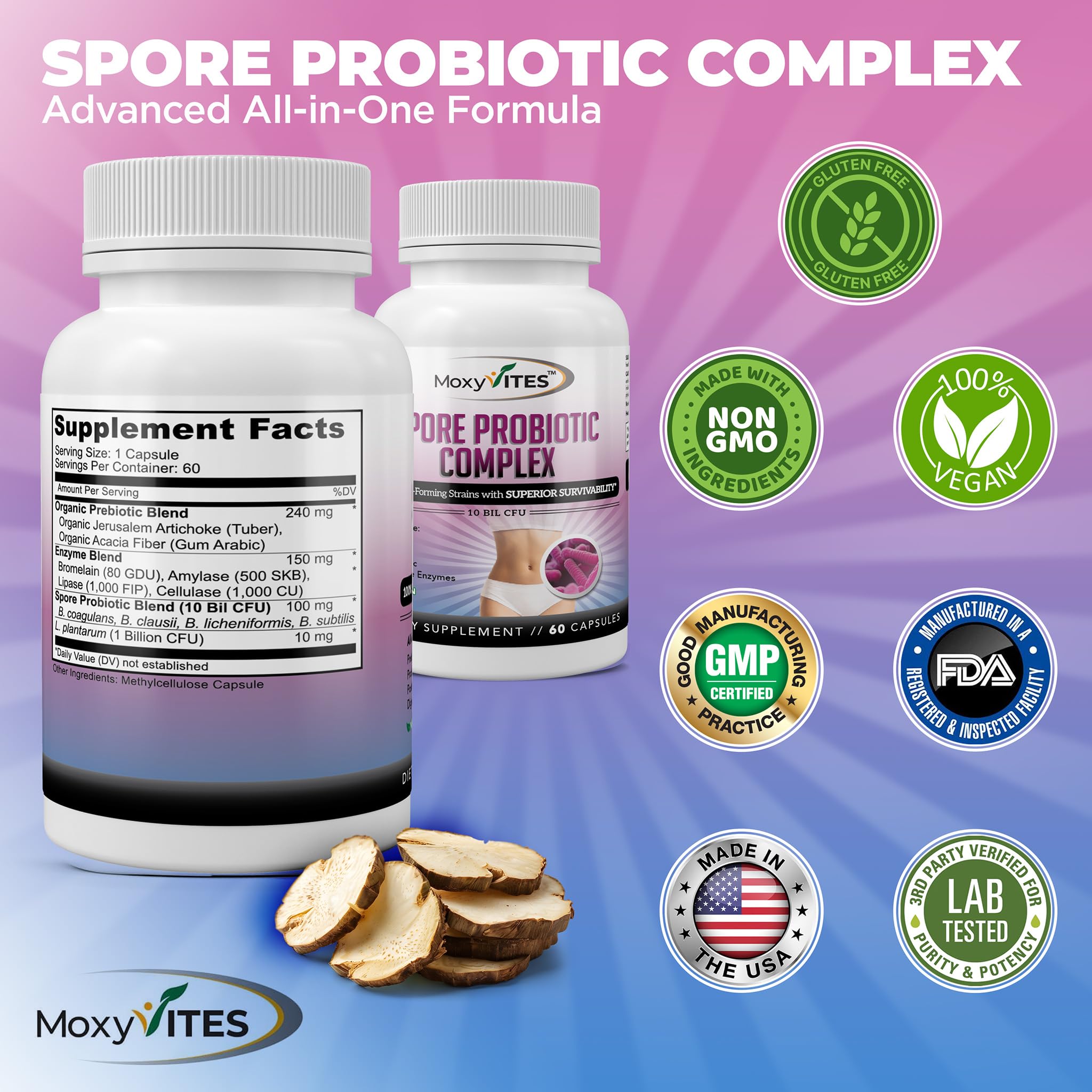 MoxyVites Spore Probiotic Complex - All In One Prebiotics and Probiotics for Digestive Health, Postbiotic, Digestive Enzymes Daily Supplement - Spore Based Probiotic for Women & Men - OzHealthStandard