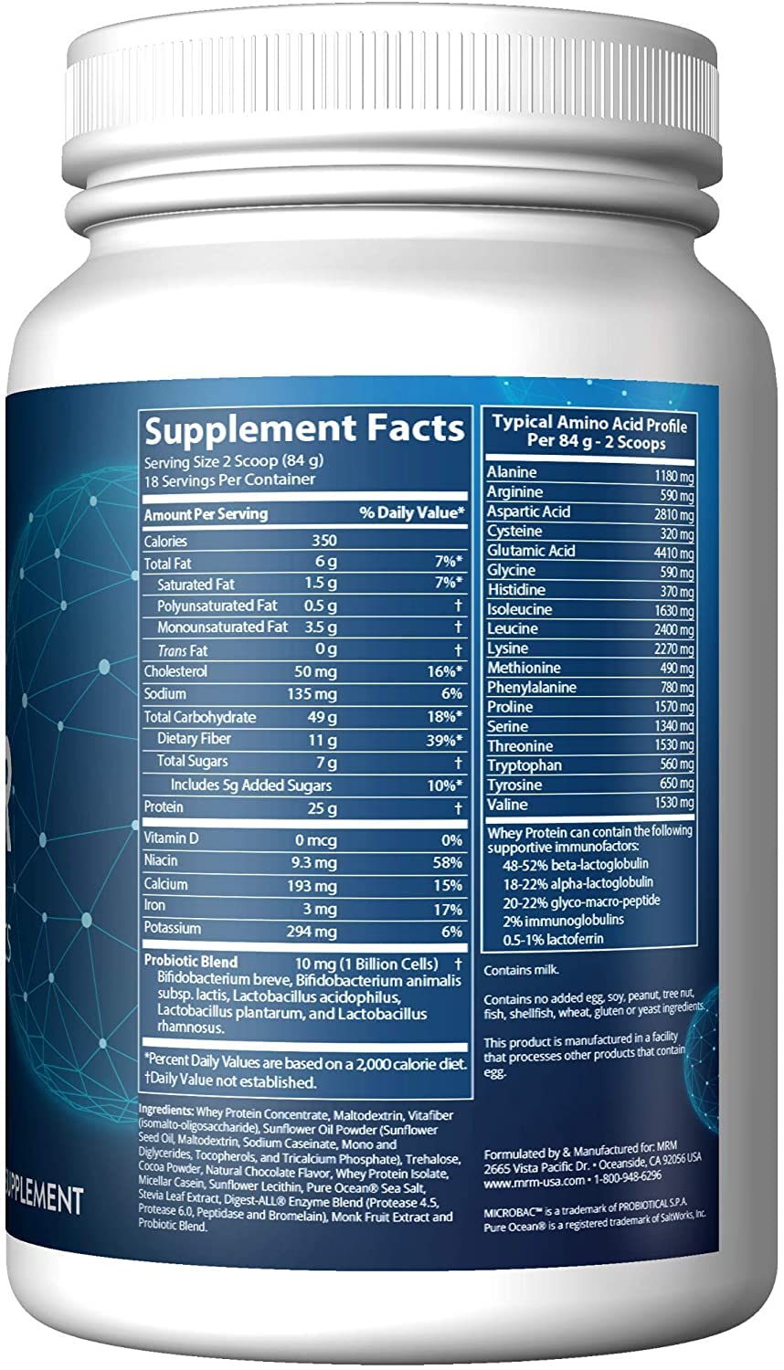 MRM Nutrition Gainer Protein with Probiotics & Postbiotics - Chocolate Flavored for Men & Women, 25g Protein, Whey Protein Concentrate & Isolate, Micellar Casein, & Digestive Enzymes - 18 Servings - OzHealthStandard