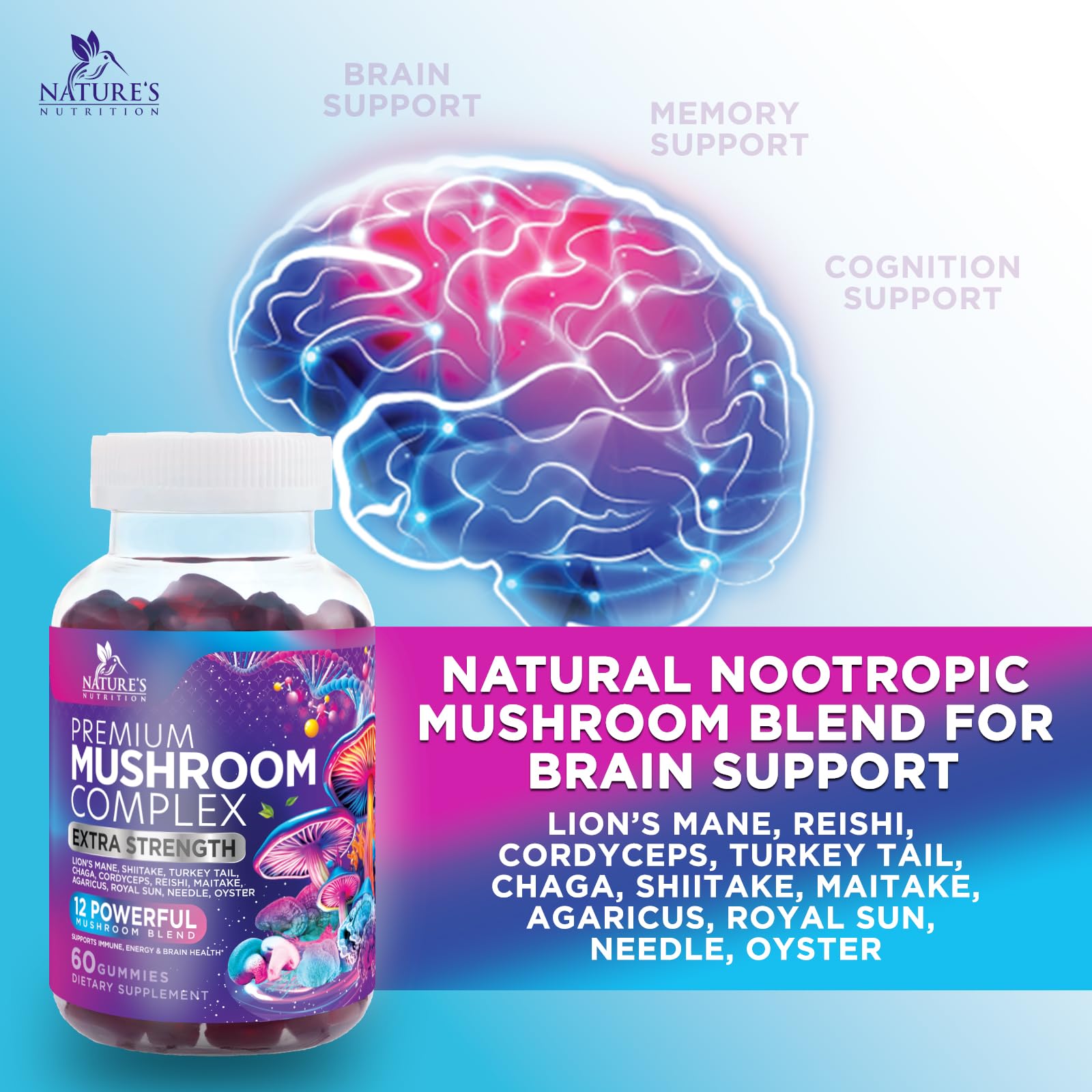 Mushroom Gummies Supplement 12 in 1 - High Grade Blend for Adults with Lions Mane, Reishi, Cordyceps, & Chaga Mushroom Complex Gummy, Memory & Immune Support & Nootropic Brain Supplements - 60 Gummies - OzHealthStandard