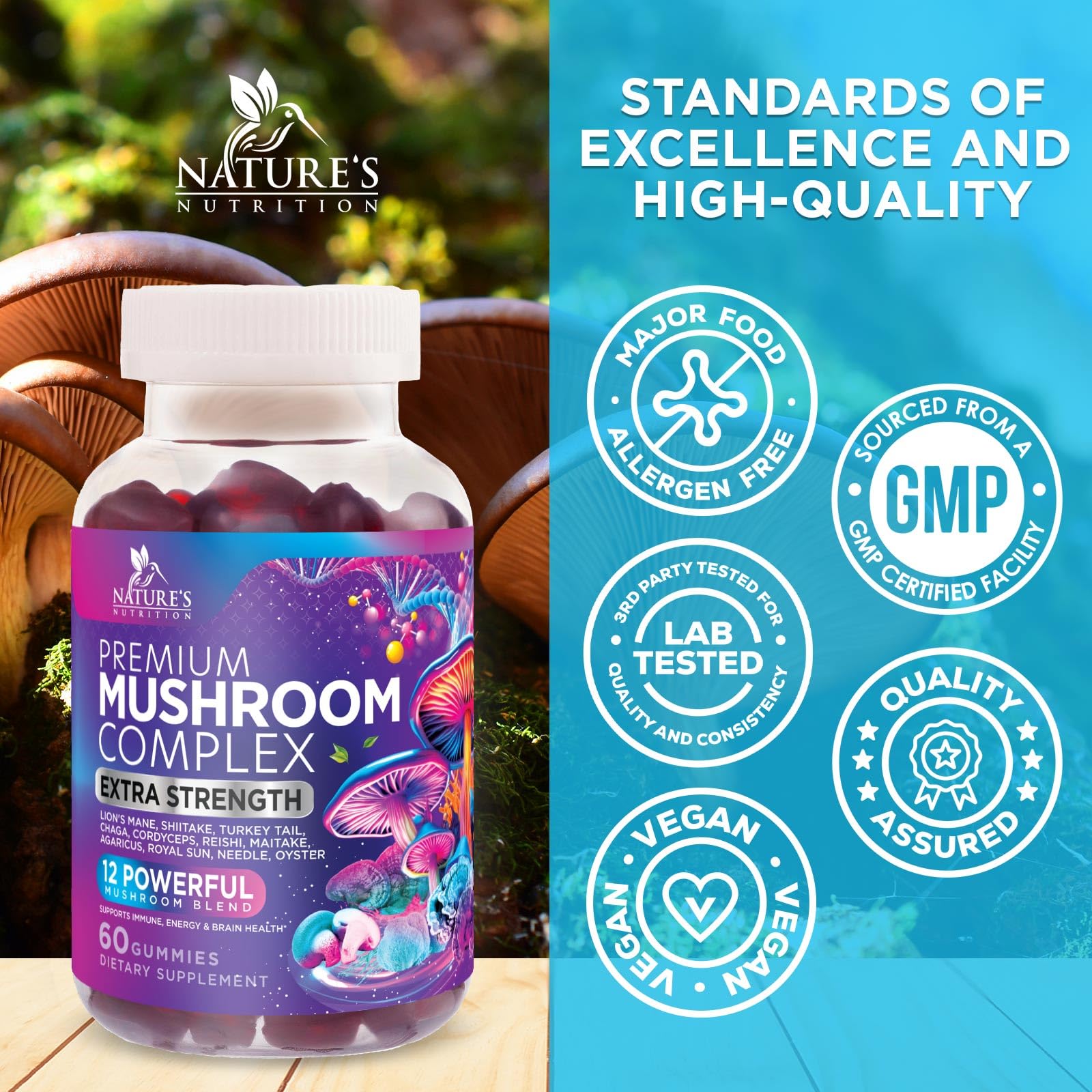 Mushroom Gummies Supplement 12 in 1 - High Grade Blend for Adults with Lions Mane, Reishi, Cordyceps, & Chaga Mushroom Complex Gummy, Memory & Immune Support & Nootropic Brain Supplements - 60 Gummies - OzHealthStandard