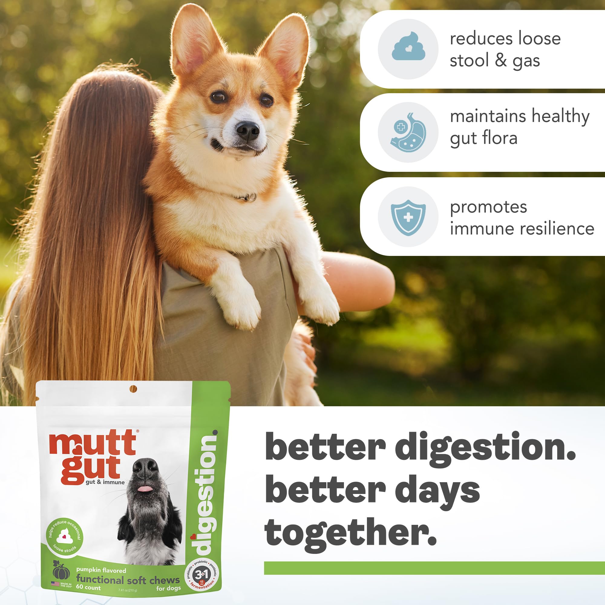 MuttGut® 3-in-1 Puppy & Dog Probiotics + Prebiotics + Postbiotics Chews - Promotes Digestive Health, Supports Immune System and Overall Health - Dog Diarrhea Relief & Immune Support - 60 Soft Chews - OzHealthStandard