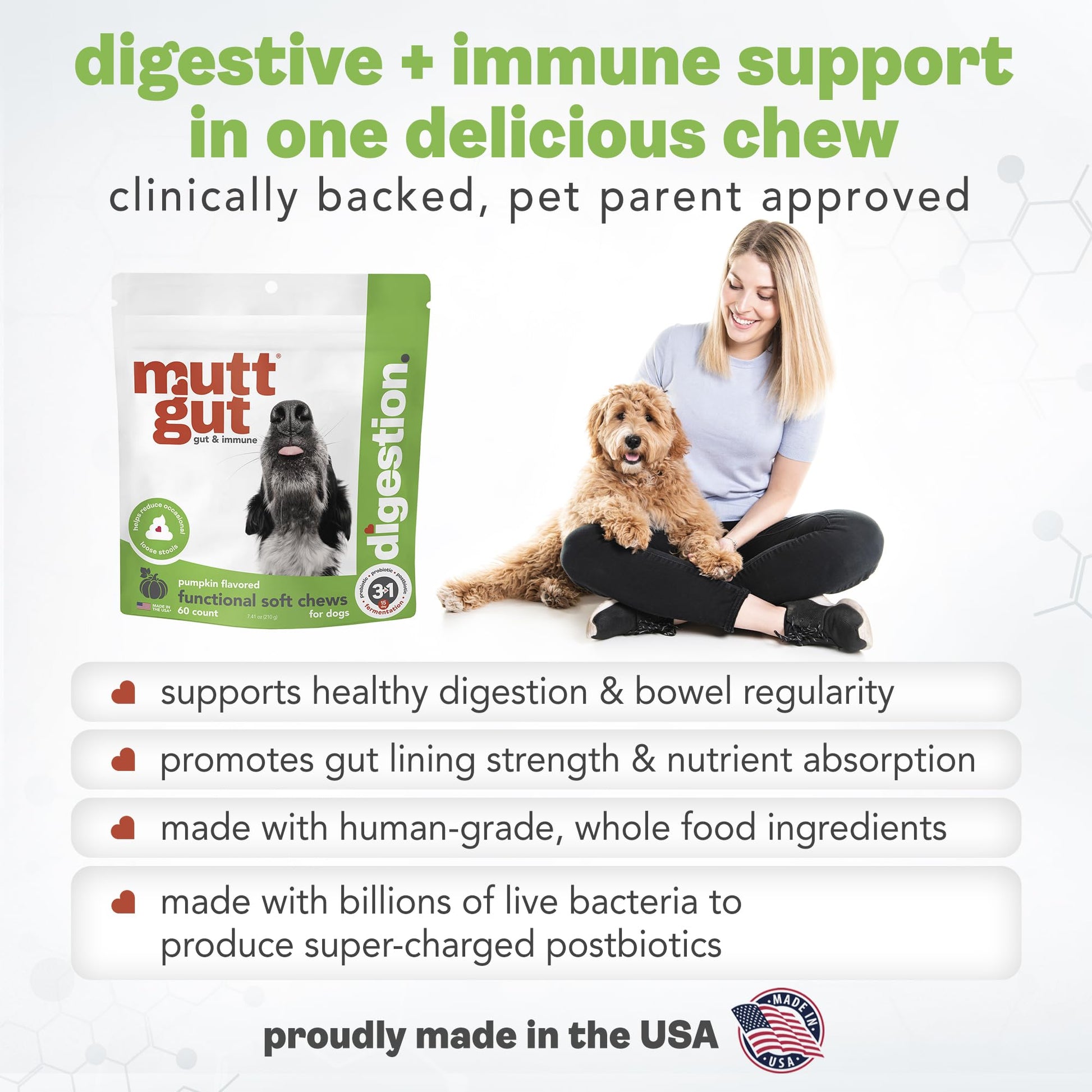 MuttGut® 3-in-1 Puppy & Dog Probiotics + Prebiotics + Postbiotics Chews - Promotes Digestive Health, Supports Immune System and Overall Health - Dog Diarrhea Relief & Immune Support - 60 Soft Chews - OzHealthStandard
