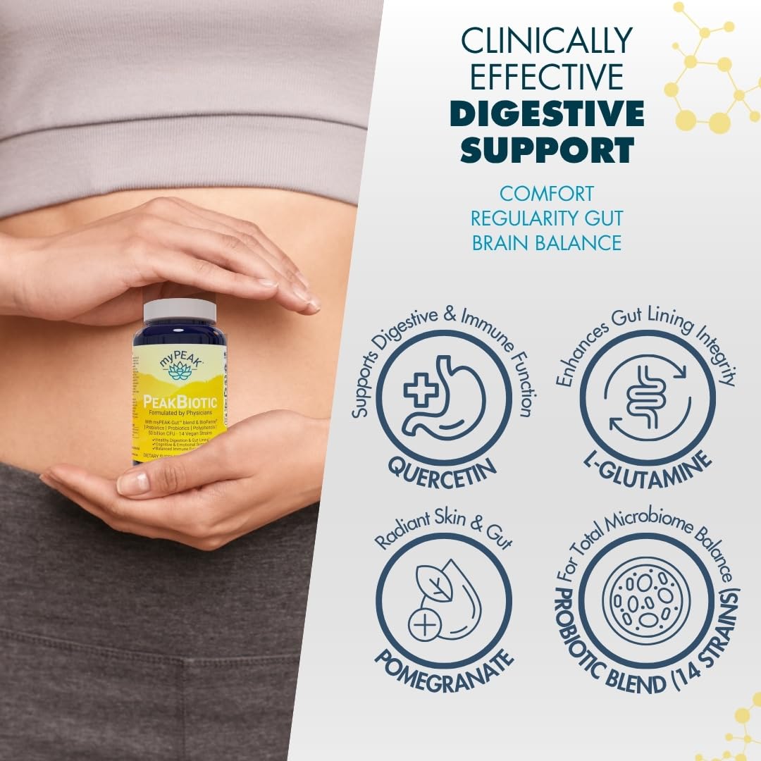 myPEAK PeakBiotic: The Ultimate Vegan Synbiotic with 50 Billion CFU Probiotics Prebiotics Postbiotics Modbiotics and Gut Lining to Enhance Digestion, Skin, and Mood with 2-Month Supply, 60 Capsules - OzHealthStandard
