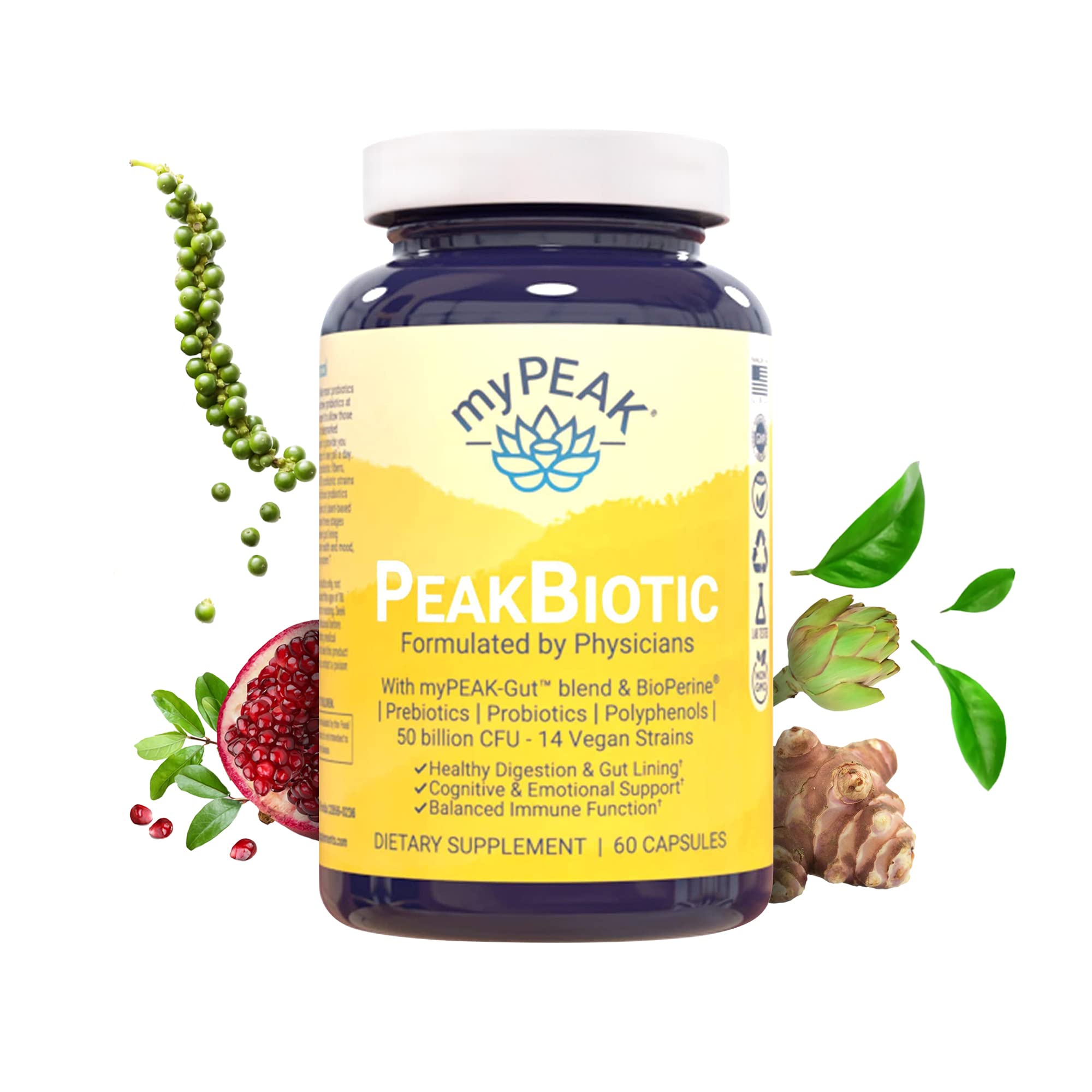 myPEAK PeakBiotic: The Ultimate Vegan Synbiotic with 50 Billion CFU Probiotics Prebiotics Postbiotics Modbiotics and Gut Lining to Enhance Digestion, Skin, and Mood with 2-Month Supply, 60 Capsules - OzHealthStandard