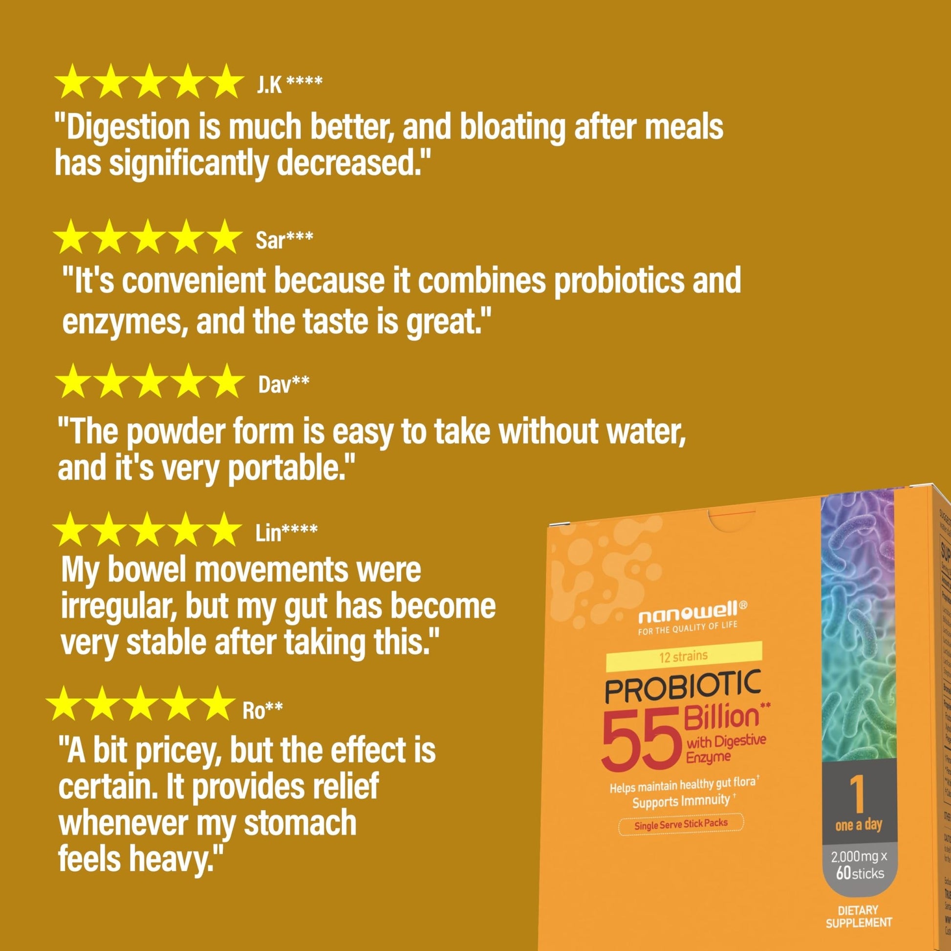 NANOWELL 12 Strains Probiotic 55 Billion CFU with Digestive Enzymes Powder - Immune Support, Gut Health, Probiotics, Prebiotics & Postbiotics - 60 Sticks, 60 Day Supply - OzHealthStandard