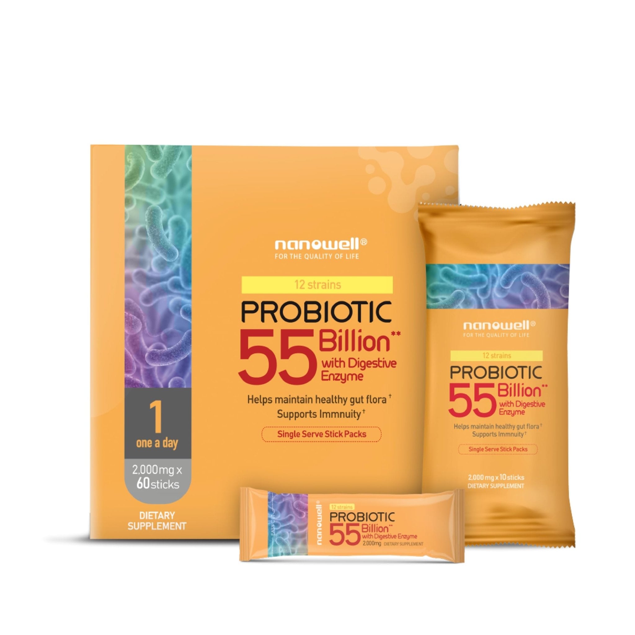 NANOWELL 12 Strains Probiotic 55 Billion CFU with Digestive Enzymes Powder - Immune Support, Gut Health, Probiotics, Prebiotics & Postbiotics - 60 Sticks, 60 Day Supply - OzHealthStandard