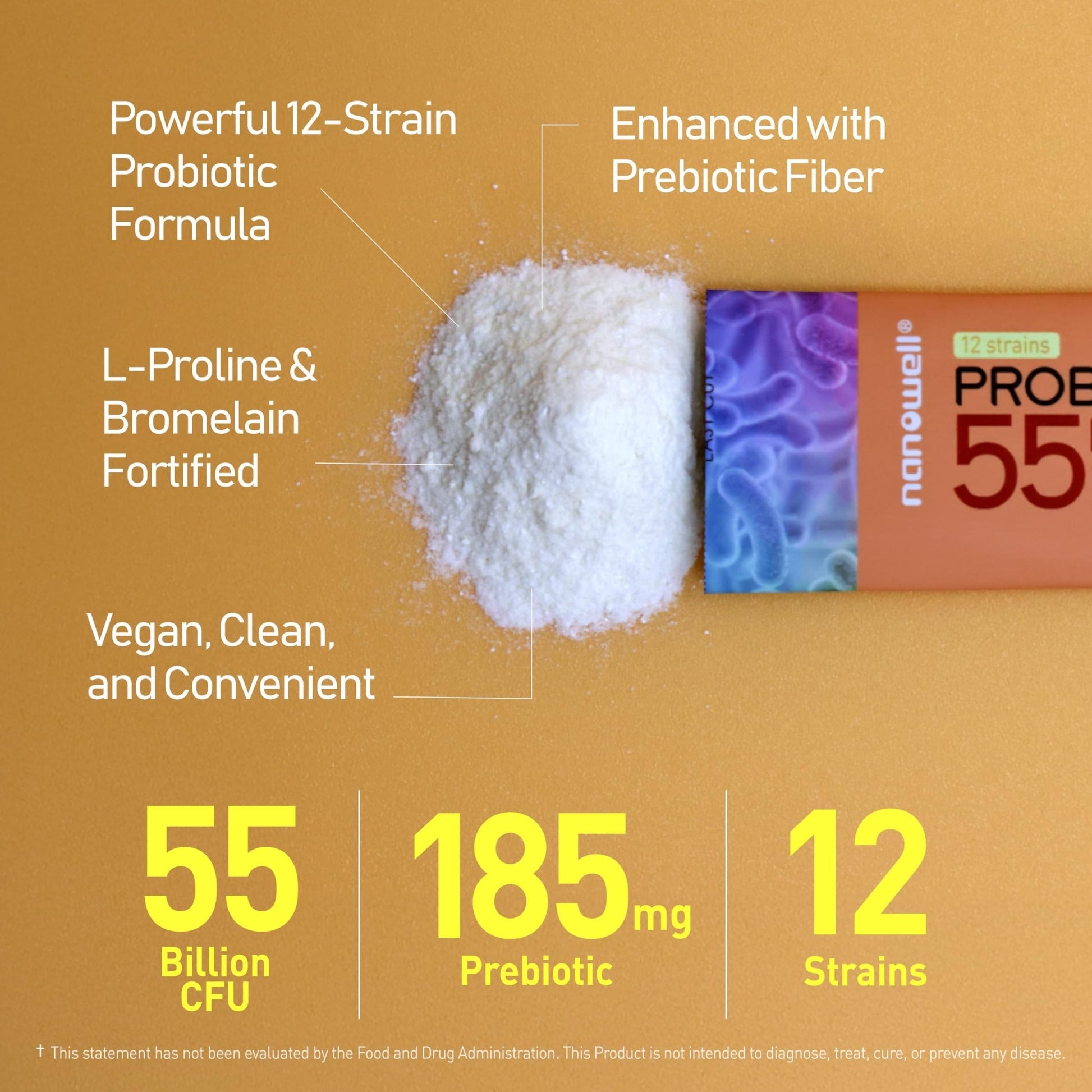 NANOWELL 12 Strains Probiotic 55 Billion CFU with Digestive Enzymes Powder - Immune Support, Gut Health, Probiotics, Prebiotics & Postbiotics - 60 Sticks, 60 Day Supply - OzHealthStandard