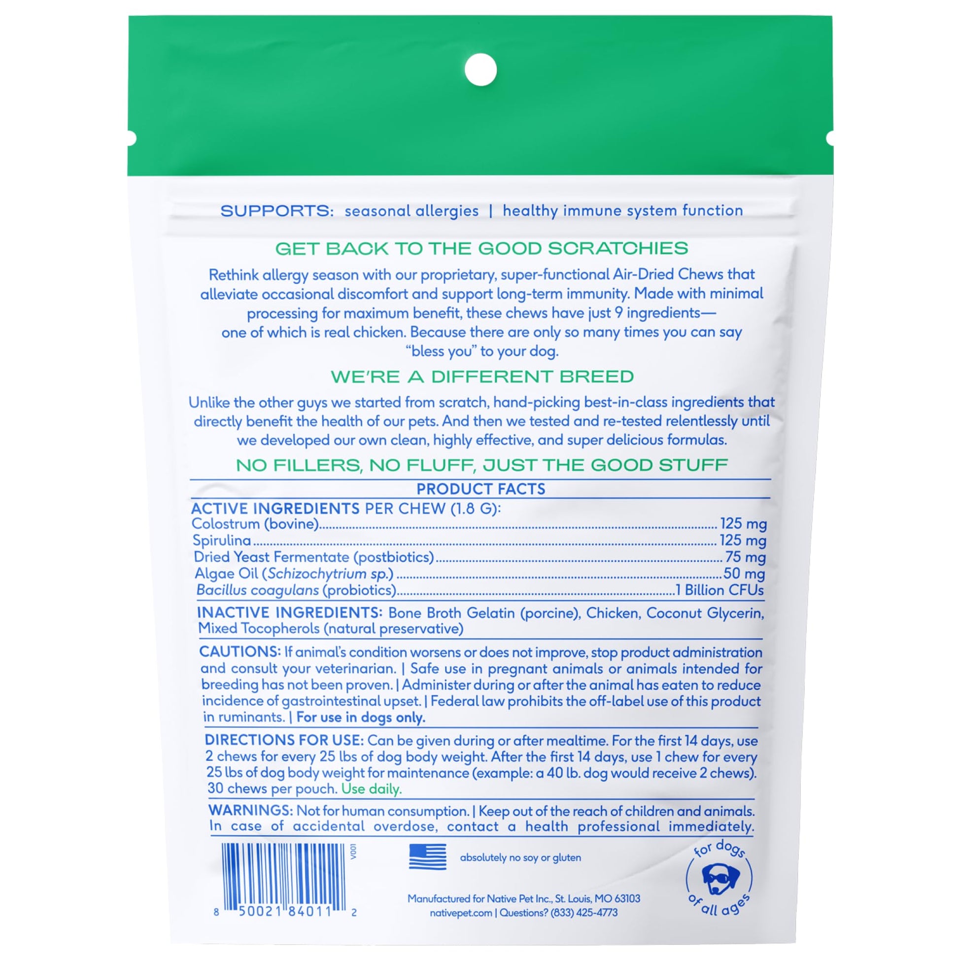 Native Pet Dog Allergy Chews - Dog Allergy Relief for Medium Breeds - Supports Seasonal Itch Relief, Healthy Immune Function & Reduces Sneezing - Colostrum, Spirulina, & Probiotics - 30 Days Supply - OzHealthStandard