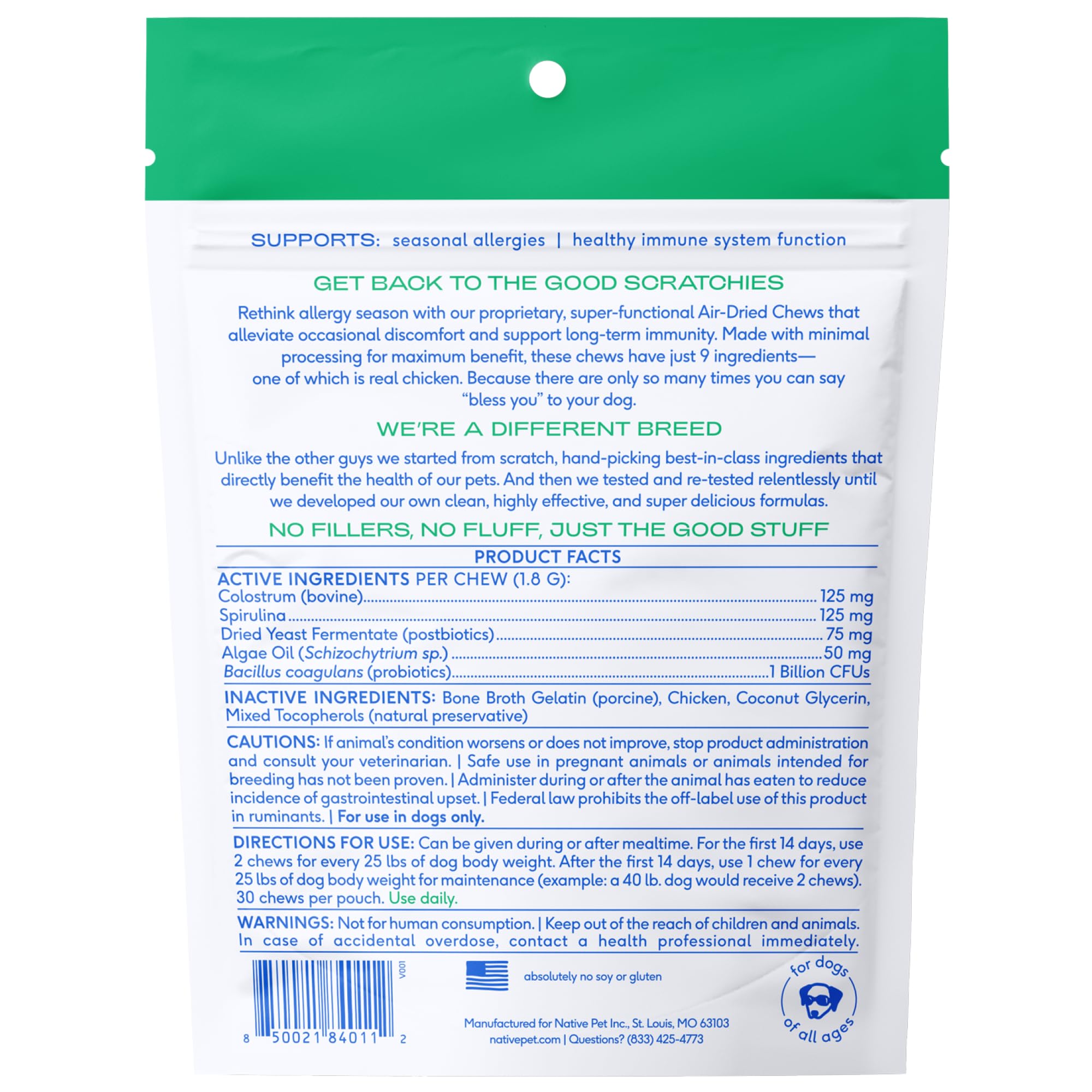 Native Pet Dog Allergy Chews - Dog Allergy Relief for Medium Breeds - Supports Seasonal Itch Relief, Healthy Immune Function & Reduces Sneezing - Colostrum, Spirulina, & Probiotics - 30 Days Supply - OzHealthStandard